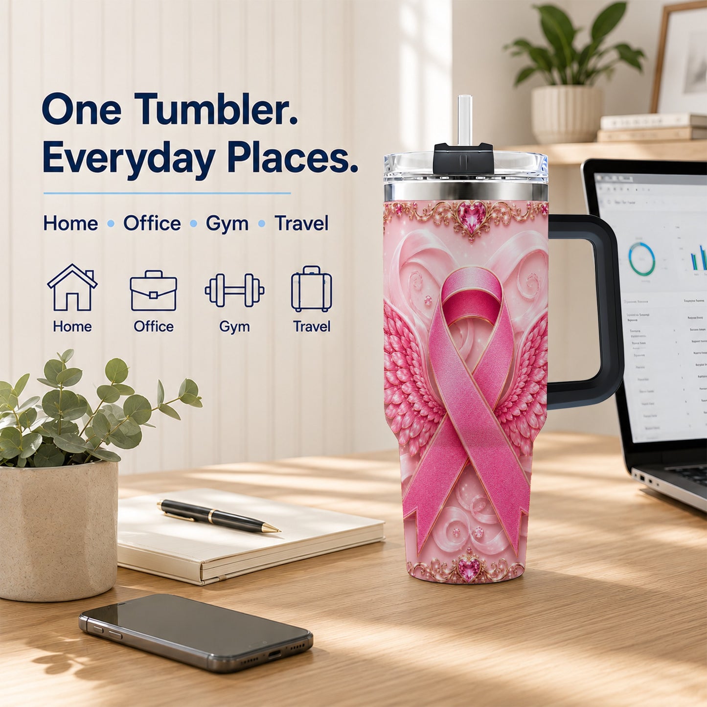 #pl[40oz|Black] Pink Ribbon Angel Wings 40oz Tumbler, Stainless Steel Travel Cup