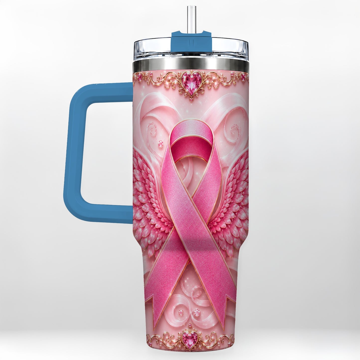 #pl[40oz|Blue] Pink Ribbon Angel Wings 40oz Tumbler, Stainless Steel Travel Cup