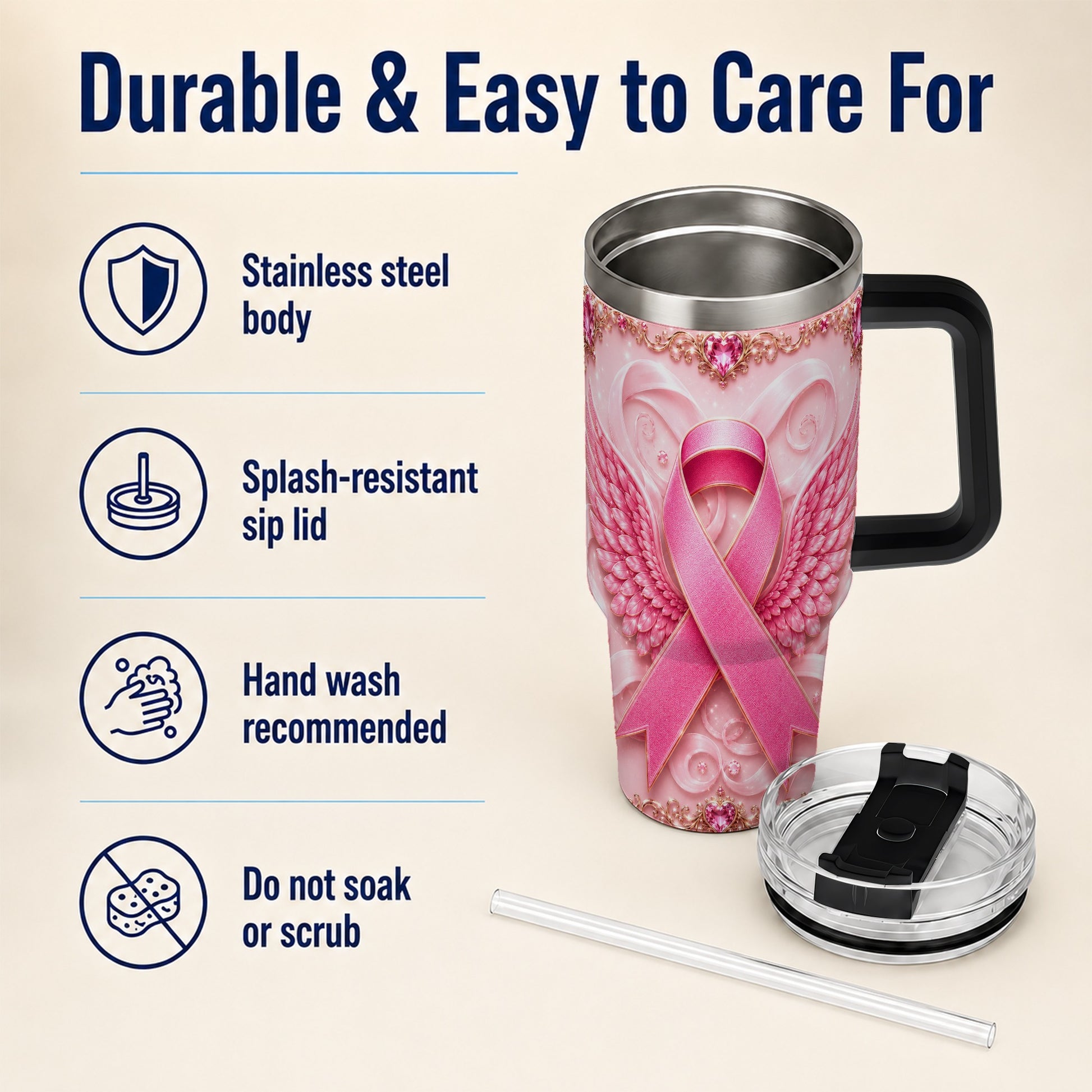 #pl[40oz|Black] Pink Ribbon Angel Wings 40oz Tumbler, Stainless Steel Travel Cup