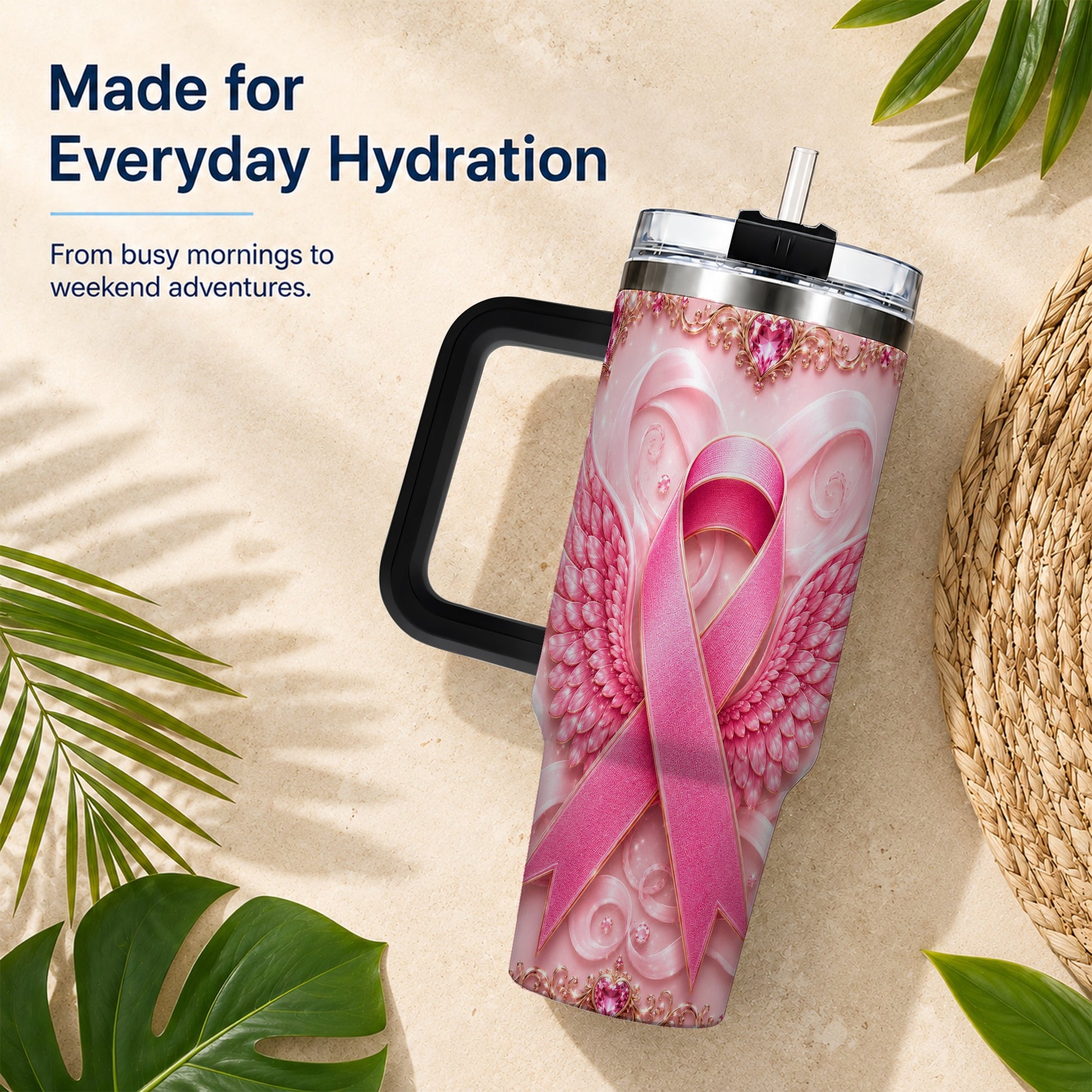 #pl[40oz|Black] Pink Ribbon Angel Wings 40oz Tumbler, Stainless Steel Travel Cup