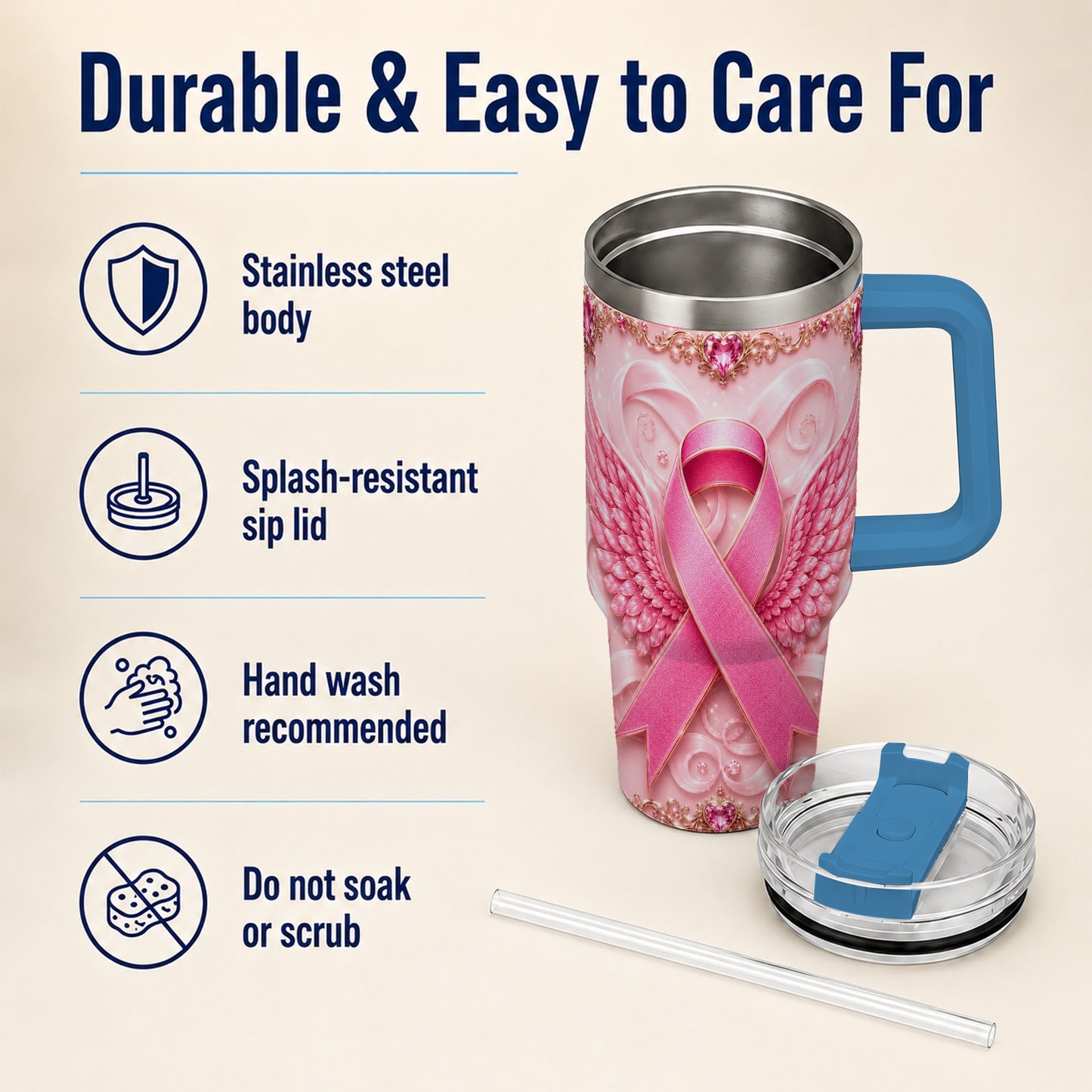 #pl[40oz|Blue] Pink Ribbon Angel Wings 40oz Tumbler, Stainless Steel Travel Cup