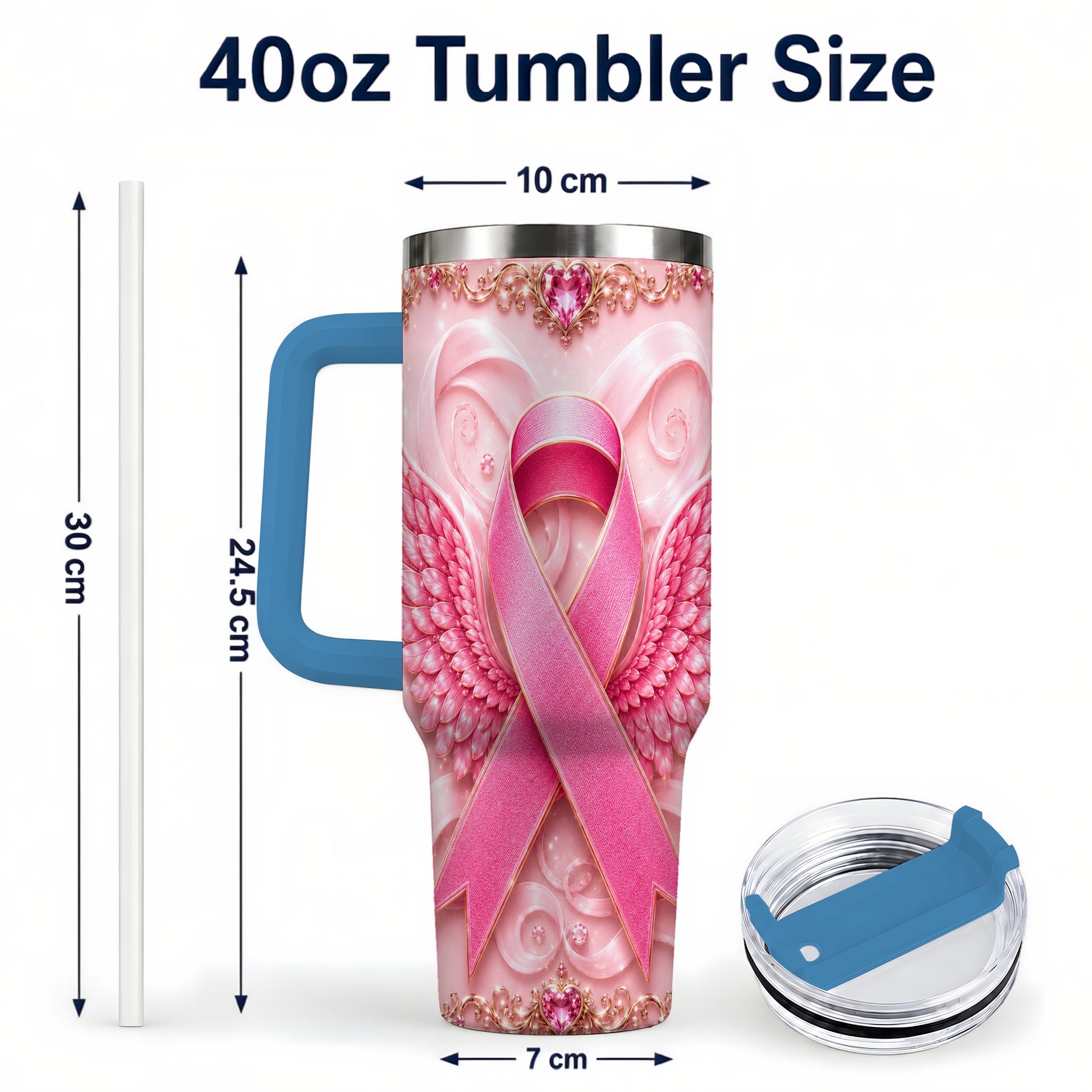 #pl[40oz|Blue] Pink Ribbon Angel Wings 40oz Tumbler, Stainless Steel Travel Cup