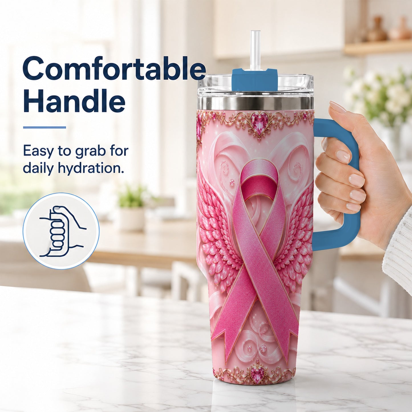 #pl[40oz|Blue] Pink Ribbon Angel Wings 40oz Tumbler, Stainless Steel Travel Cup