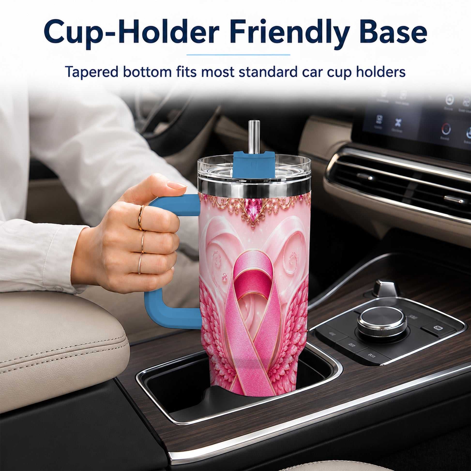 #pl[40oz|Blue] Pink Ribbon Angel Wings 40oz Tumbler, Stainless Steel Travel Cup