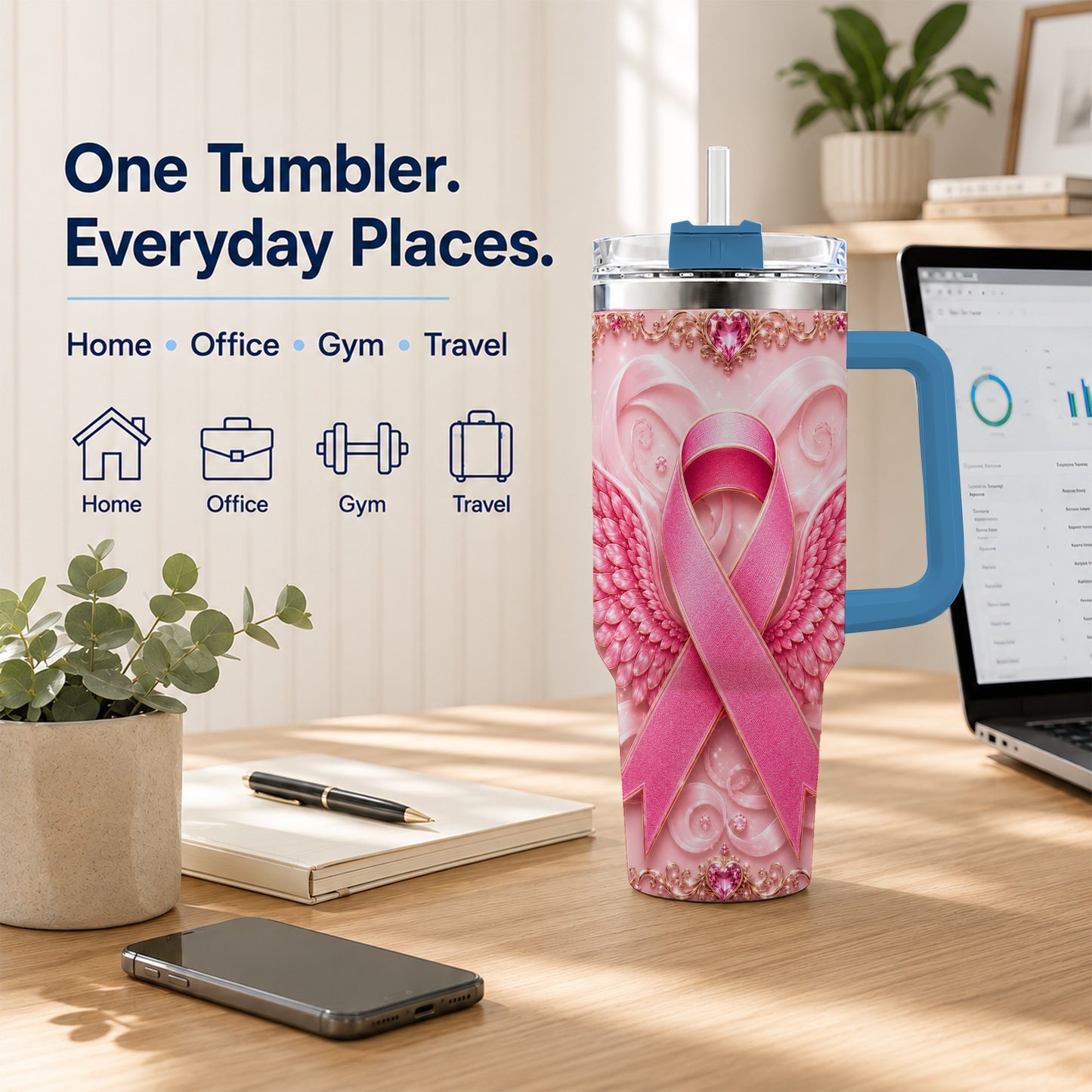 #pl[40oz|Blue] Pink Ribbon Angel Wings 40oz Tumbler, Stainless Steel Travel Cup