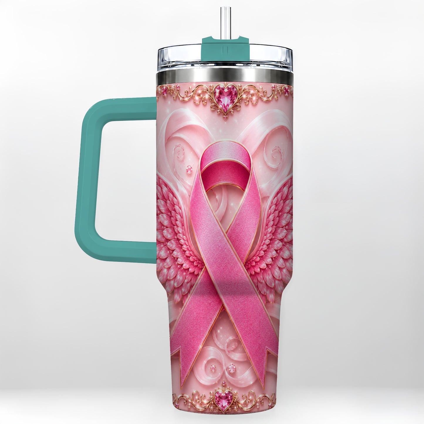 #pl[40oz|Green] Pink Ribbon Angel Wings 40oz Tumbler, Stainless Steel Travel Cup