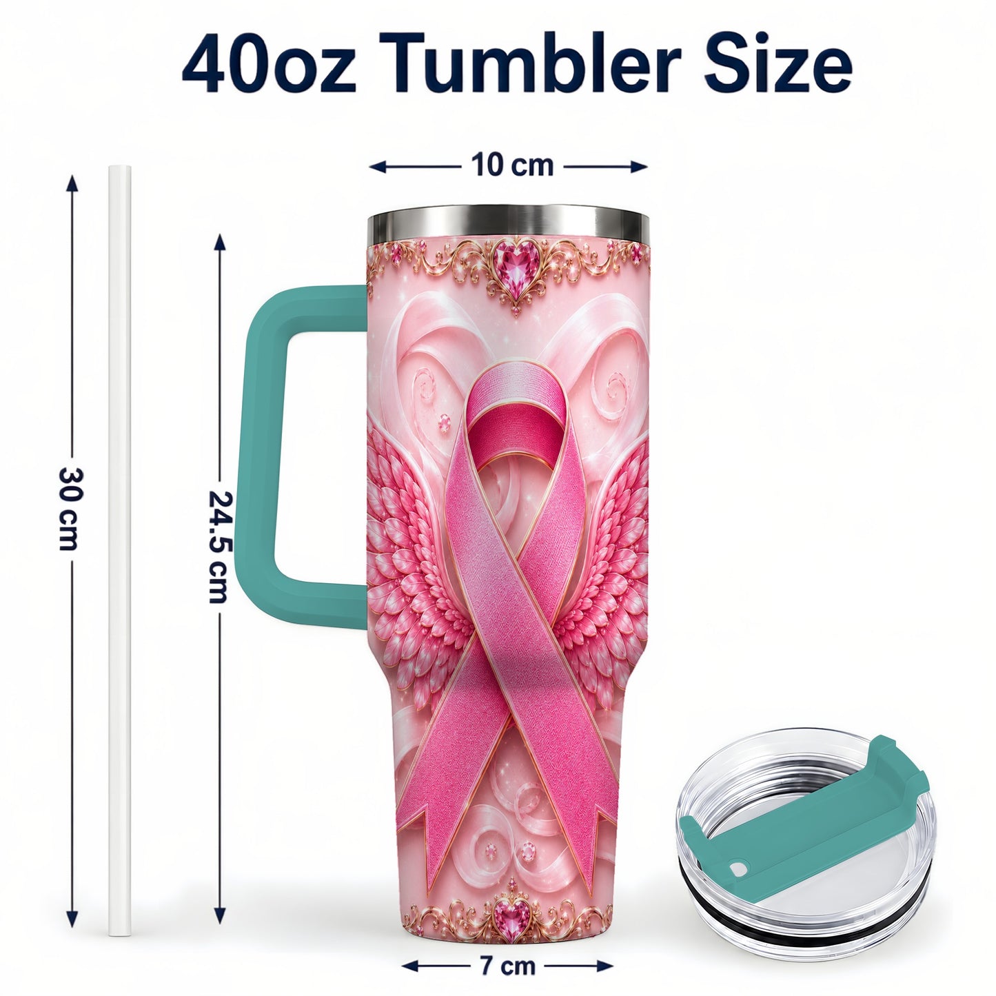 #pl[40oz|Green] Pink Ribbon Angel Wings 40oz Tumbler, Stainless Steel Travel Cup
