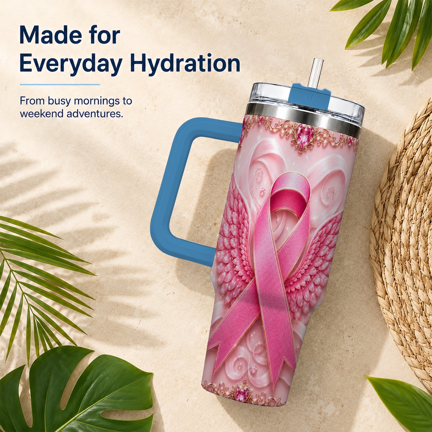 #pl[40oz|Blue] Pink Ribbon Angel Wings 40oz Tumbler, Stainless Steel Travel Cup