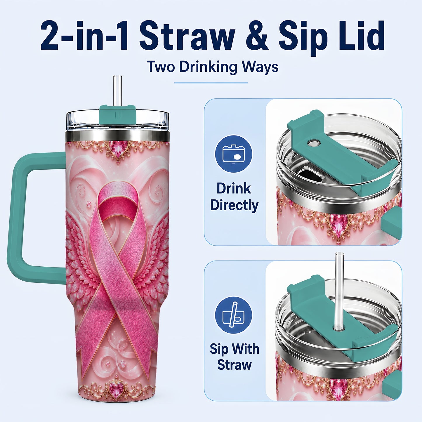 #pl[40oz|Green] Pink Ribbon Angel Wings 40oz Tumbler, Stainless Steel Travel Cup