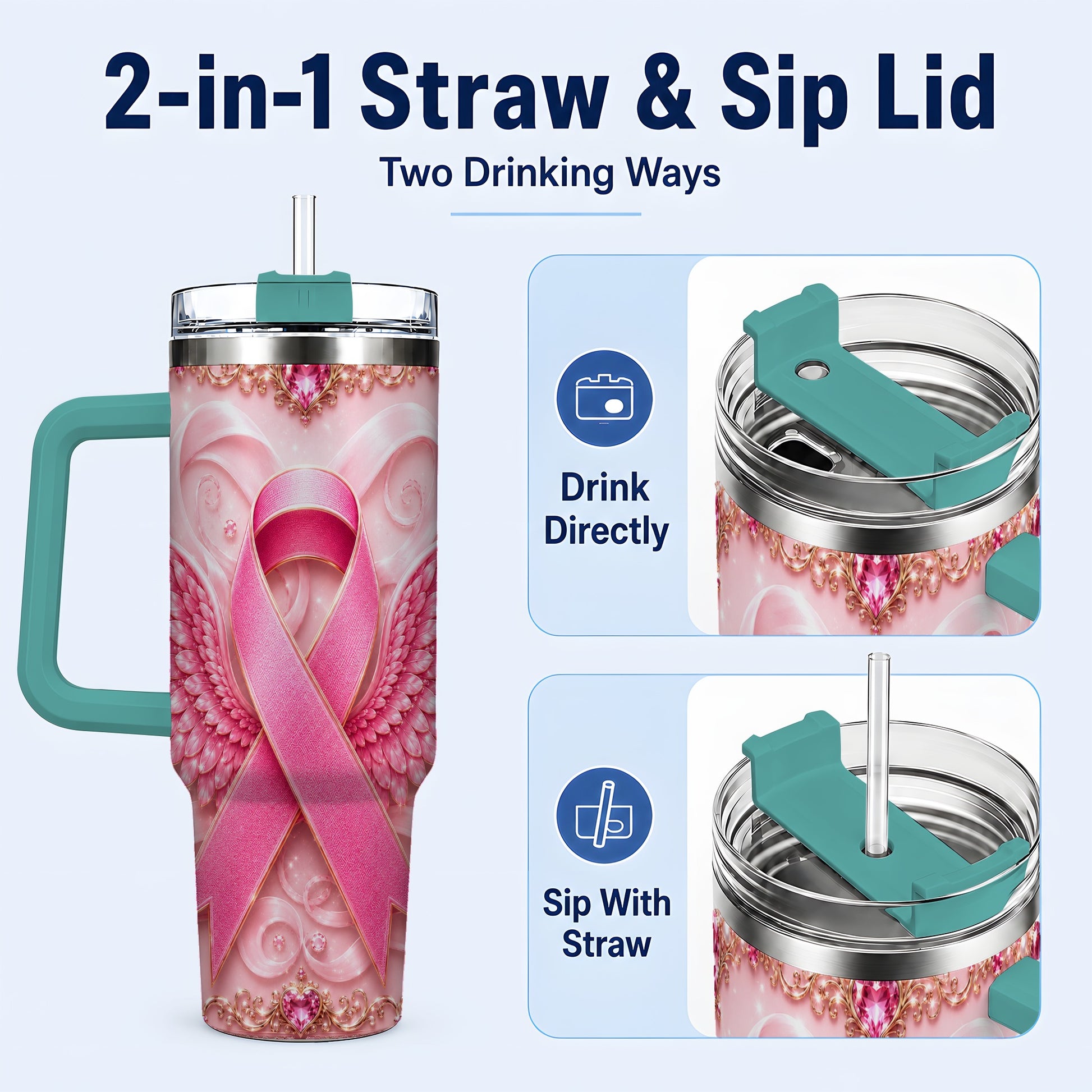 #pl[40oz|Green] Pink Ribbon Angel Wings 40oz Tumbler, Stainless Steel Travel Cup