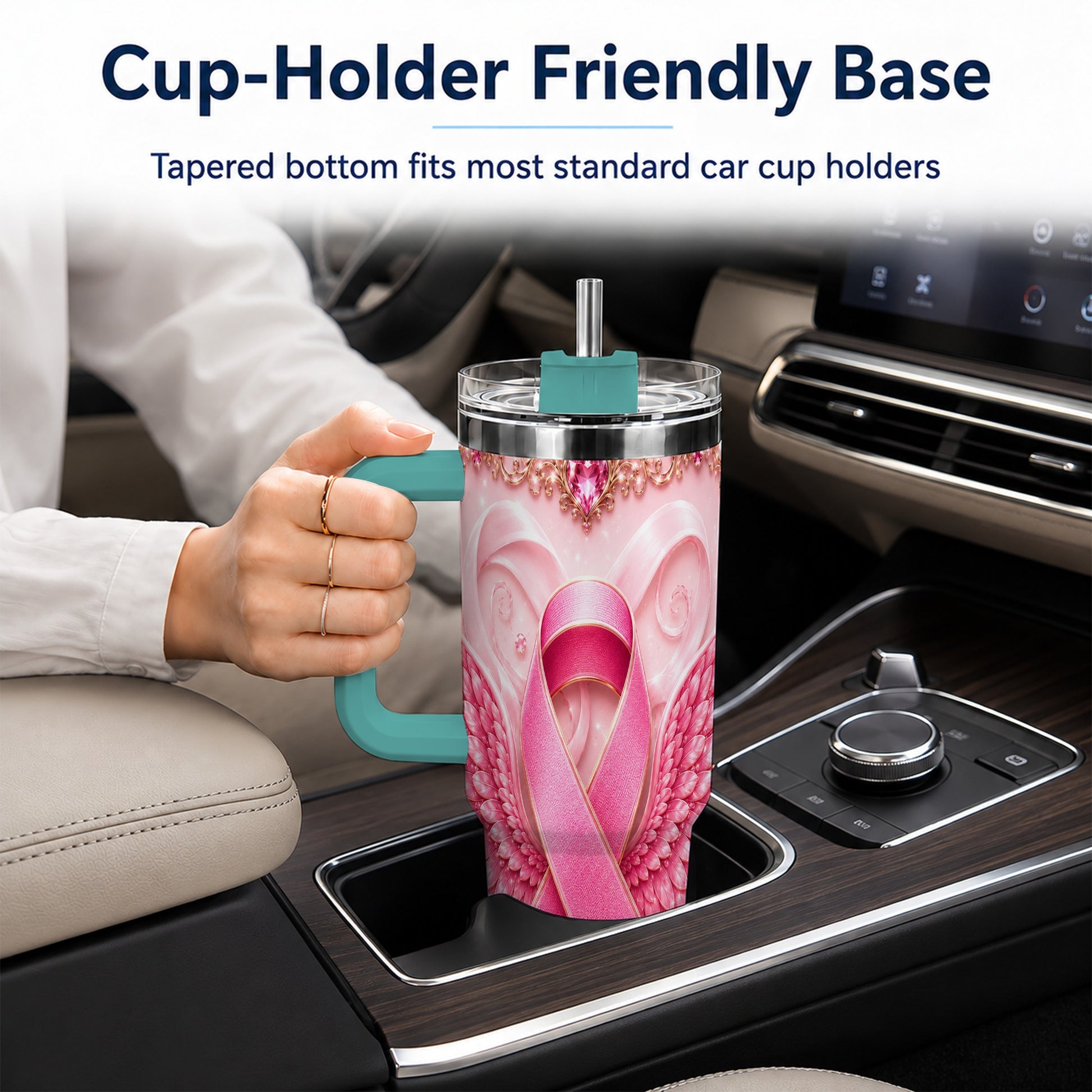 #pl[40oz|Green] Pink Ribbon Angel Wings 40oz Tumbler, Stainless Steel Travel Cup