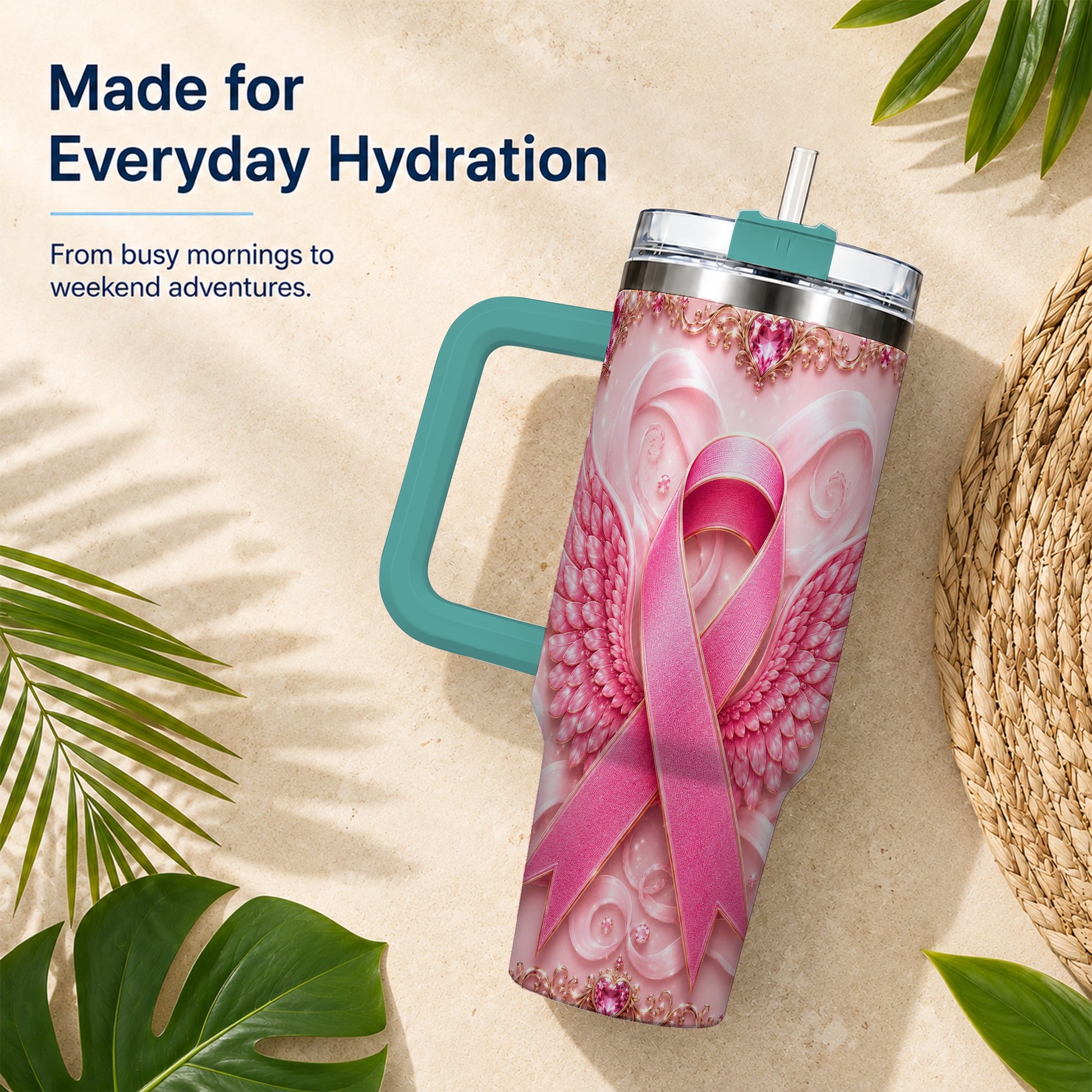 #pl[40oz|Green] Pink Ribbon Angel Wings 40oz Tumbler, Stainless Steel Travel Cup