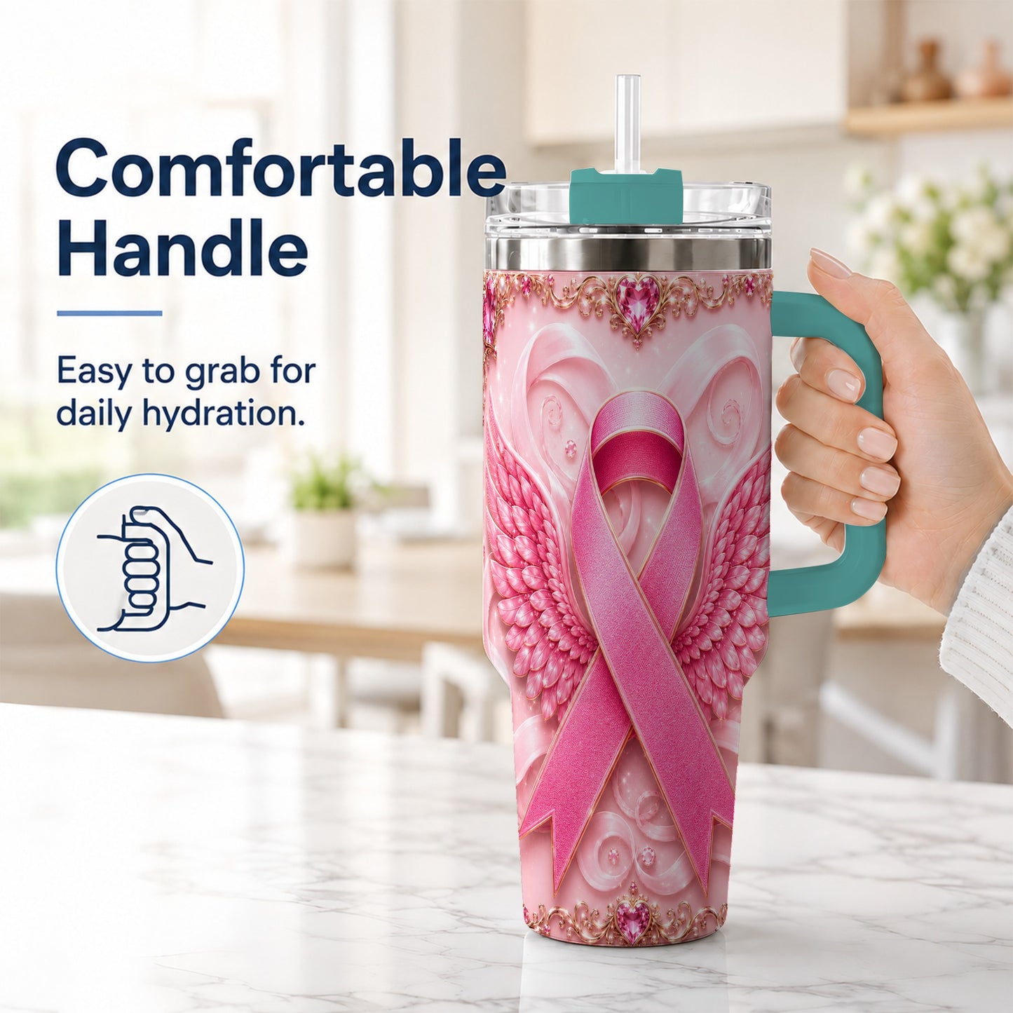 #pl[40oz|Green] Pink Ribbon Angel Wings 40oz Tumbler, Stainless Steel Travel Cup