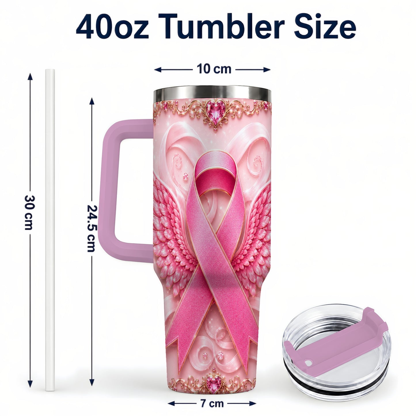 #pl[40oz|Pink] Pink Ribbon Angel Wings 40oz Tumbler, Stainless Steel Travel Cup