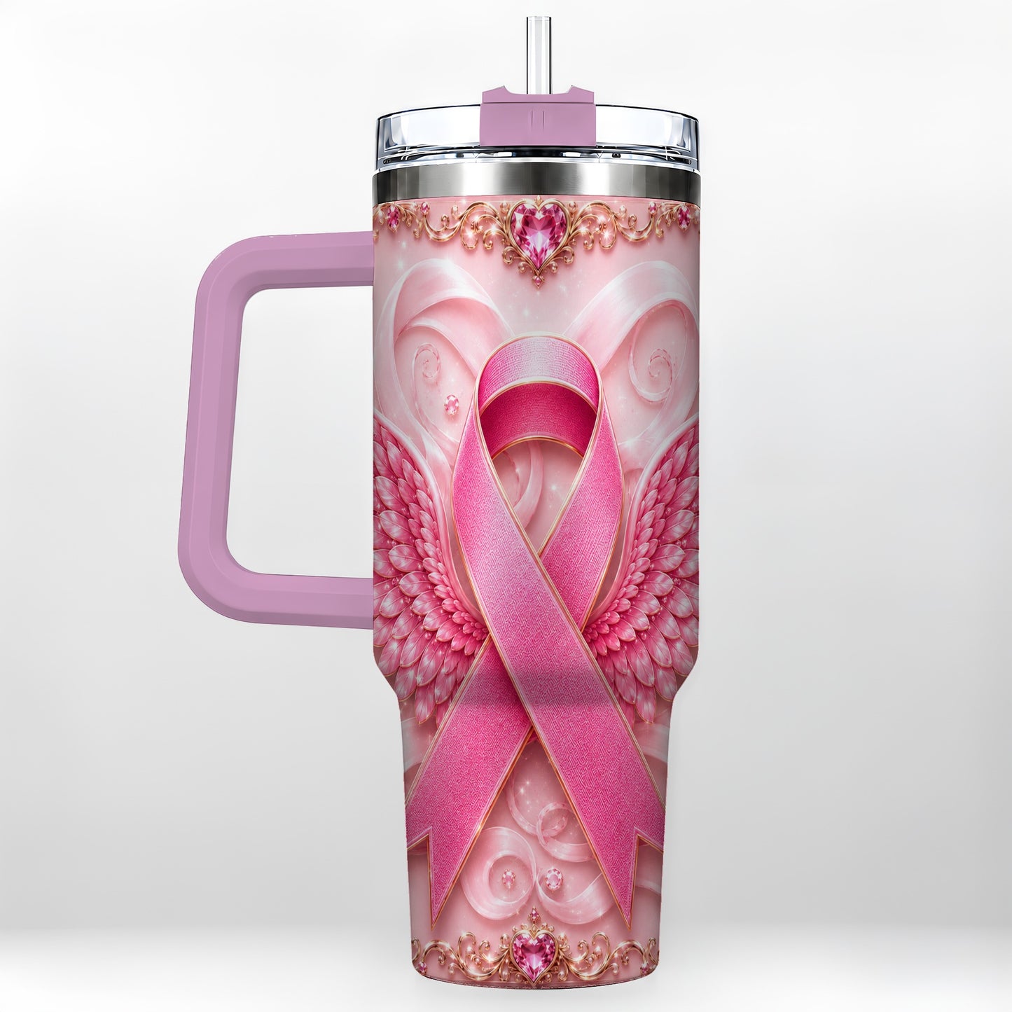 #pl[40oz|Pink] Pink Ribbon Angel Wings 40oz Tumbler, Stainless Steel Travel Cup