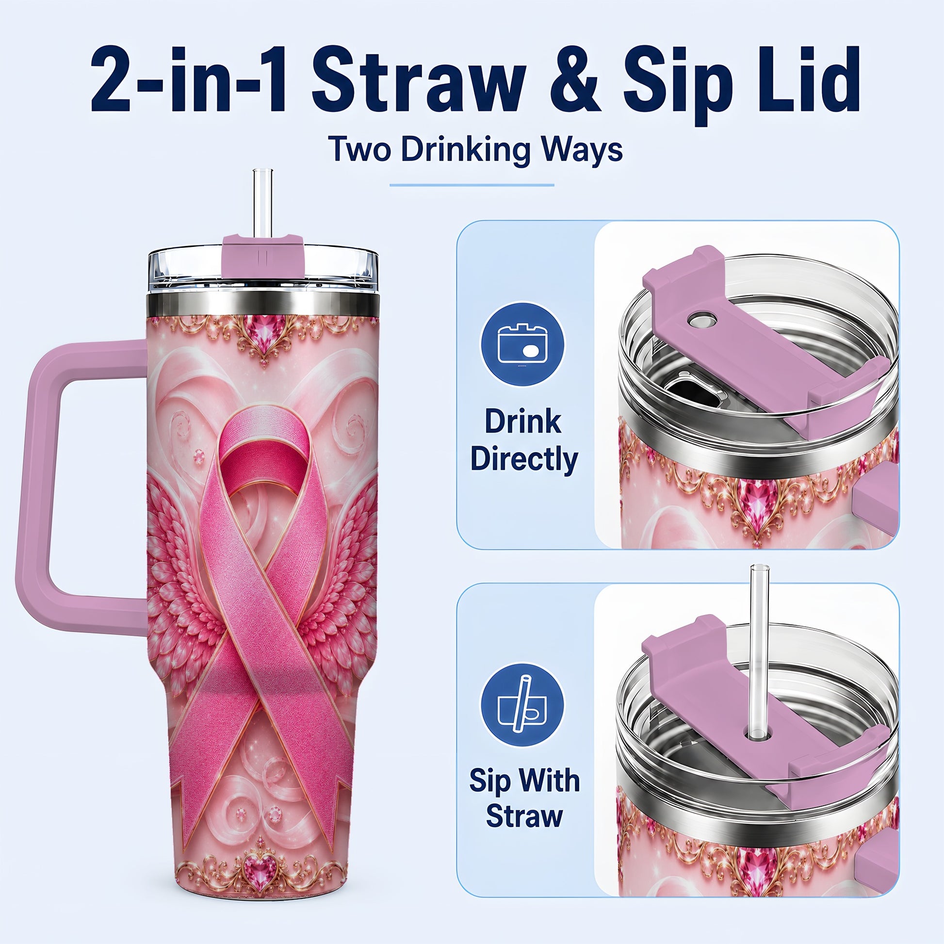 #pl[40oz|Pink] Pink Ribbon Angel Wings 40oz Tumbler, Stainless Steel Travel Cup