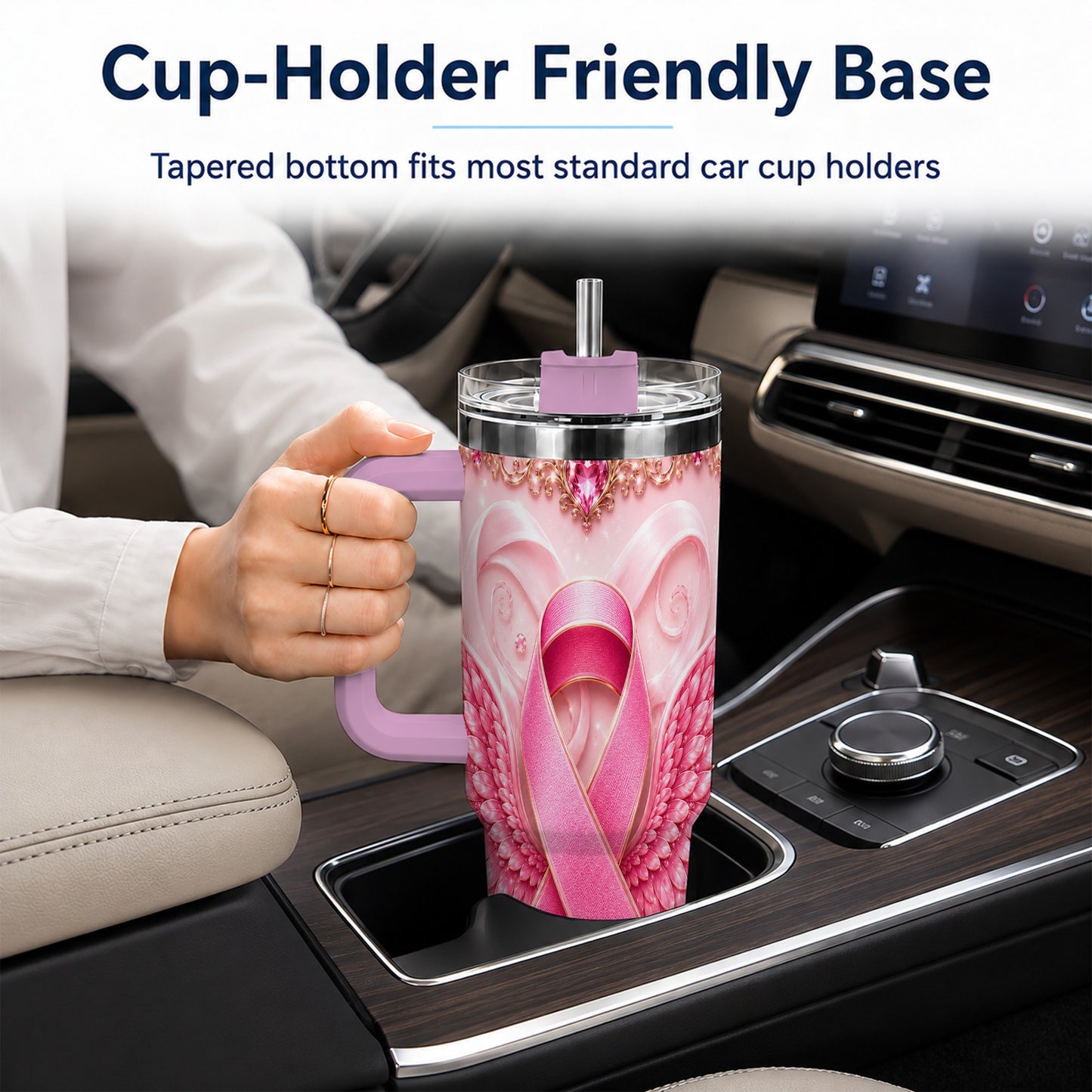 #pl[40oz|Pink] Pink Ribbon Angel Wings 40oz Tumbler, Stainless Steel Travel Cup