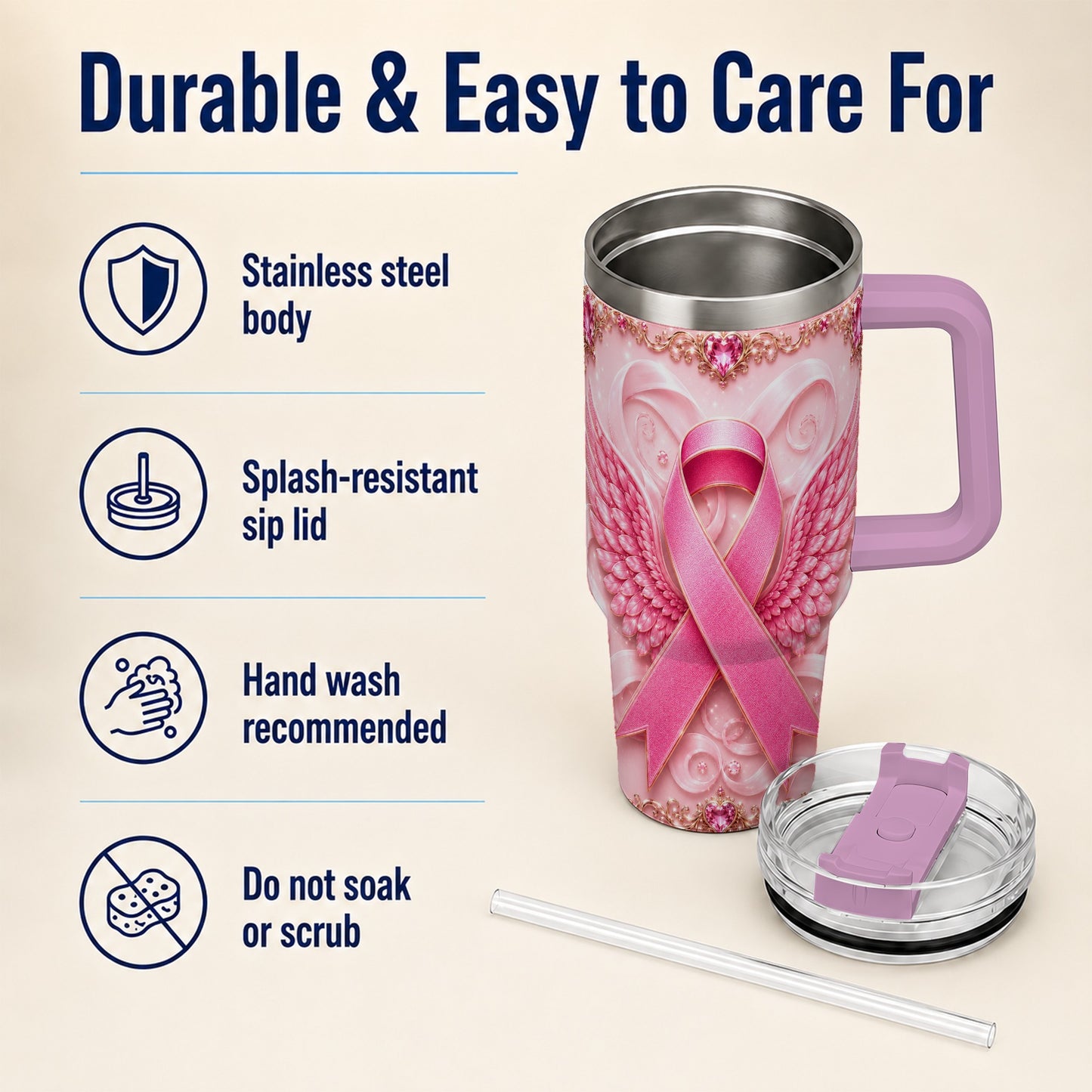 #pl[40oz|Pink] Pink Ribbon Angel Wings 40oz Tumbler, Stainless Steel Travel Cup
