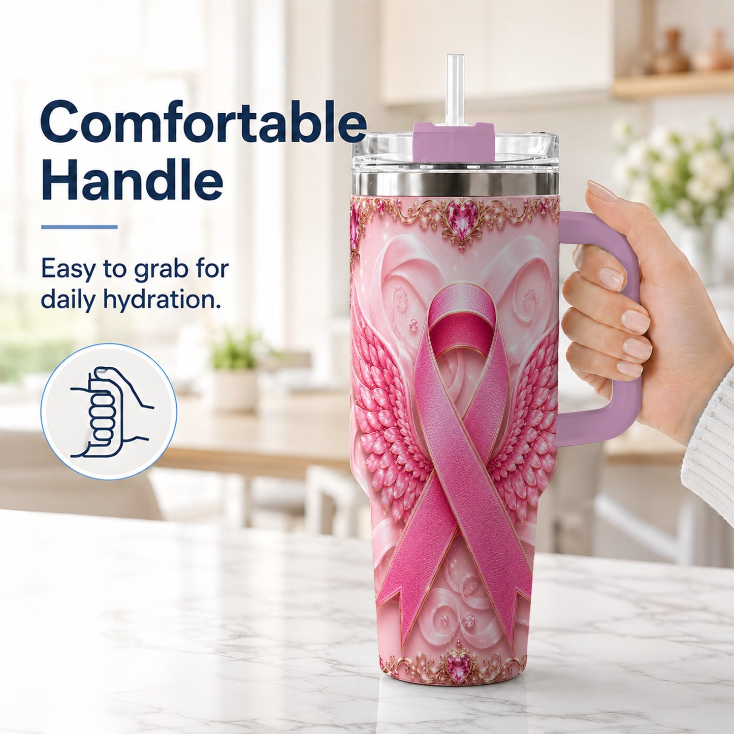 #pl[40oz|Pink] Pink Ribbon Angel Wings 40oz Tumbler, Stainless Steel Travel Cup