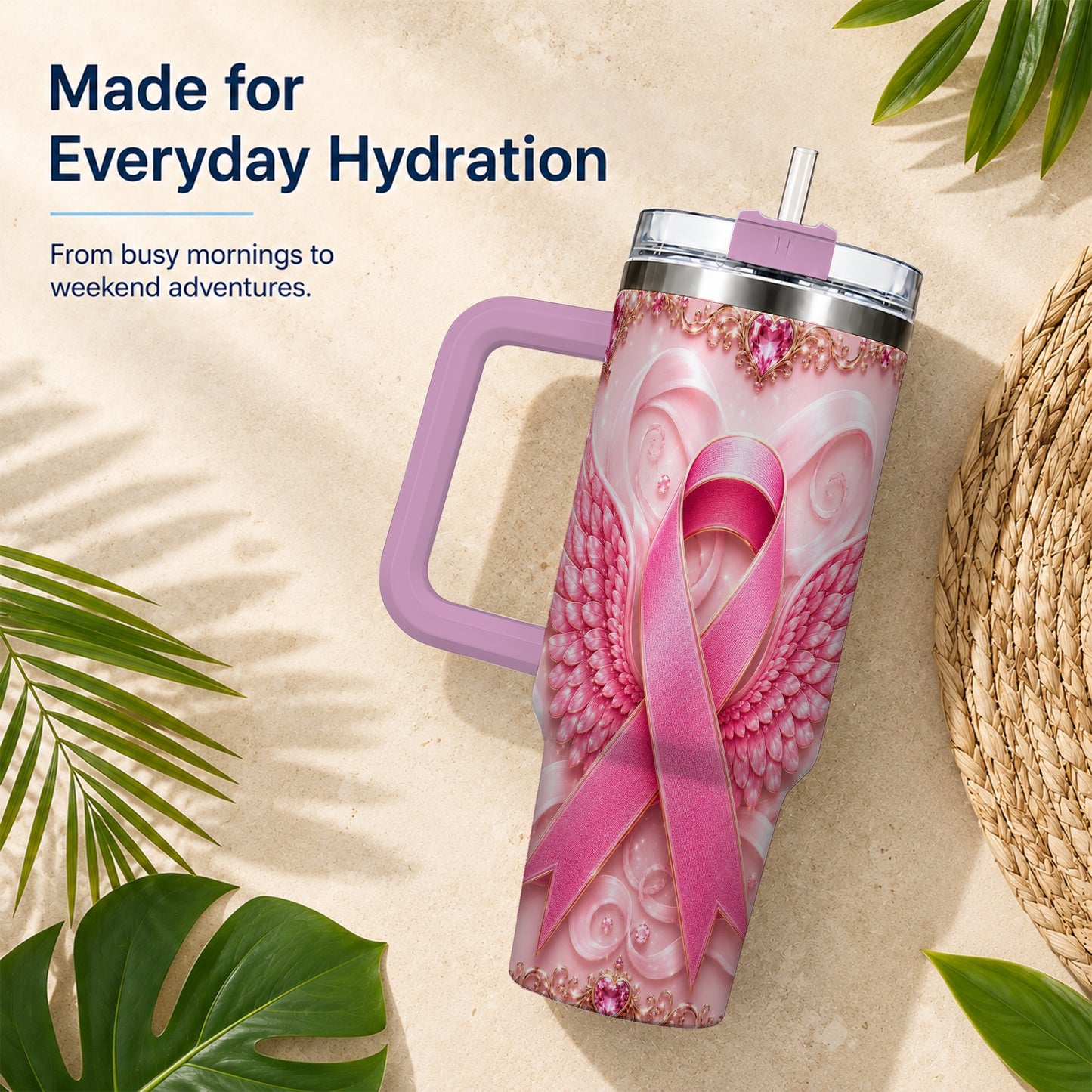 #pl[40oz|Pink] Pink Ribbon Angel Wings 40oz Tumbler, Stainless Steel Travel Cup