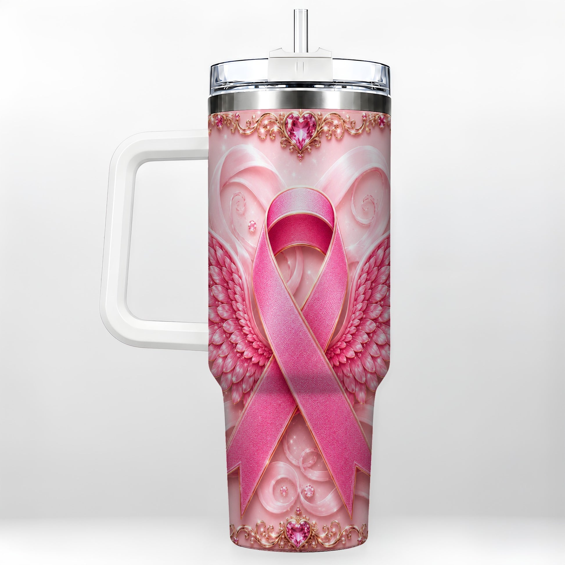 #pl[40oz|White] Pink Ribbon Angel Wings 40oz Tumbler, Stainless Steel Travel Cup