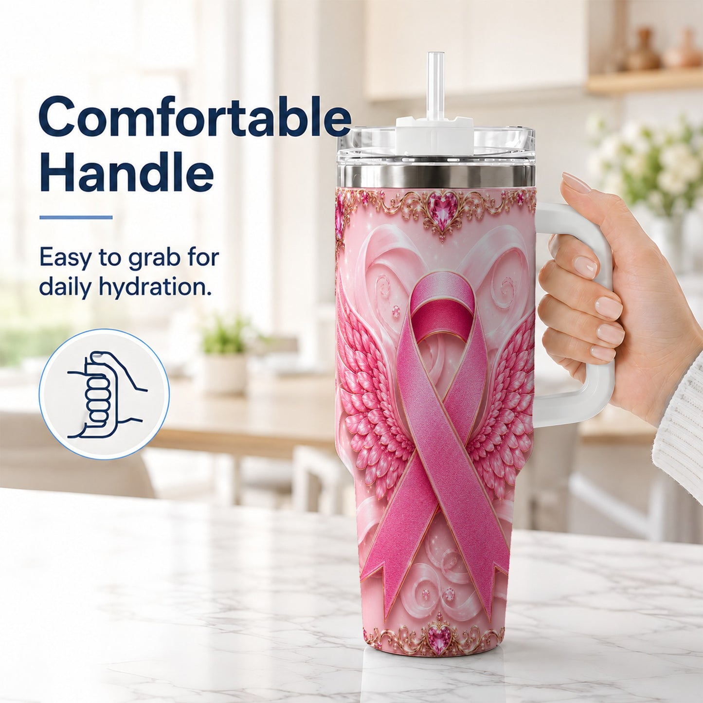 #pl[40oz|White] Pink Ribbon Angel Wings 40oz Tumbler, Stainless Steel Travel Cup