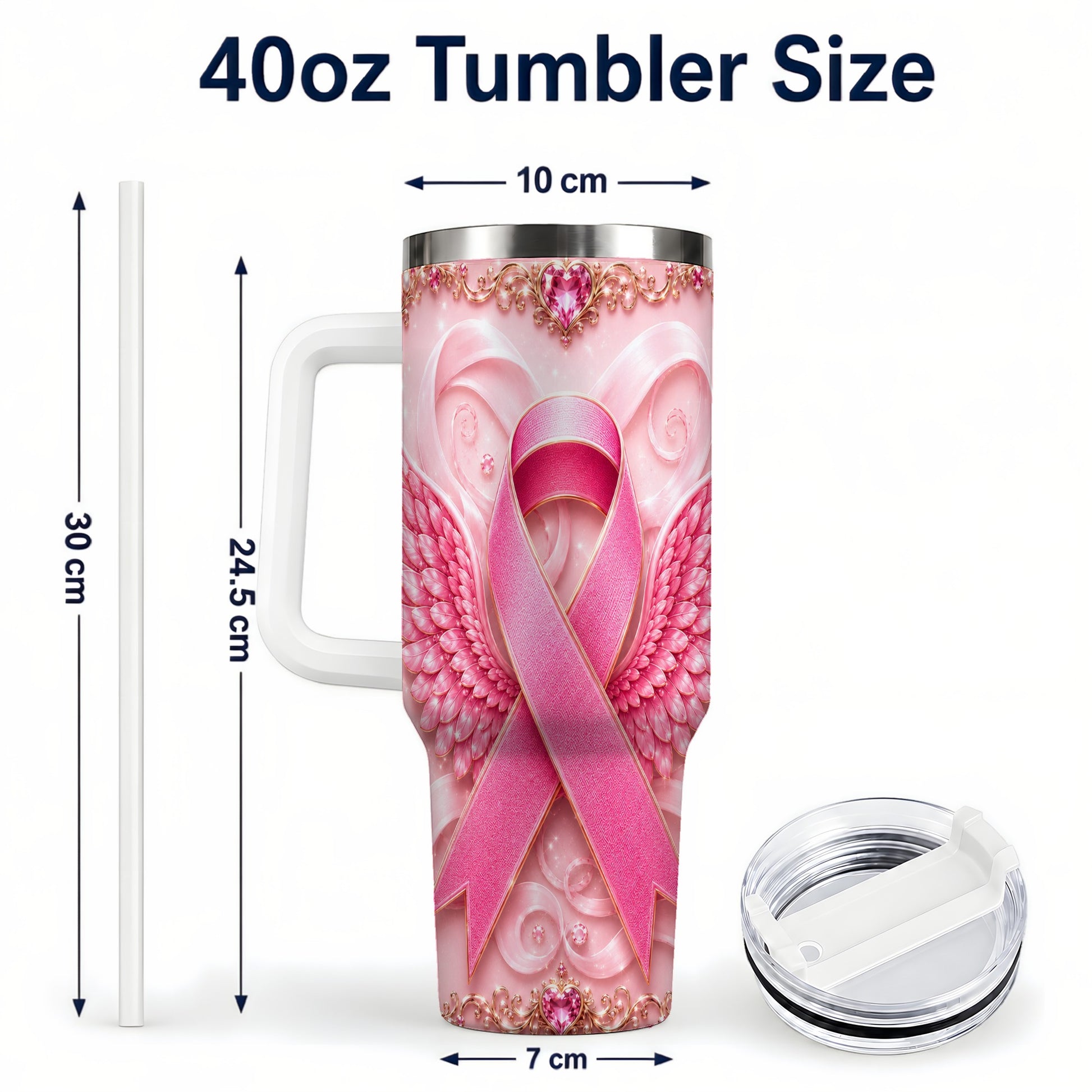#pl[40oz|White] Pink Ribbon Angel Wings 40oz Tumbler, Stainless Steel Travel Cup