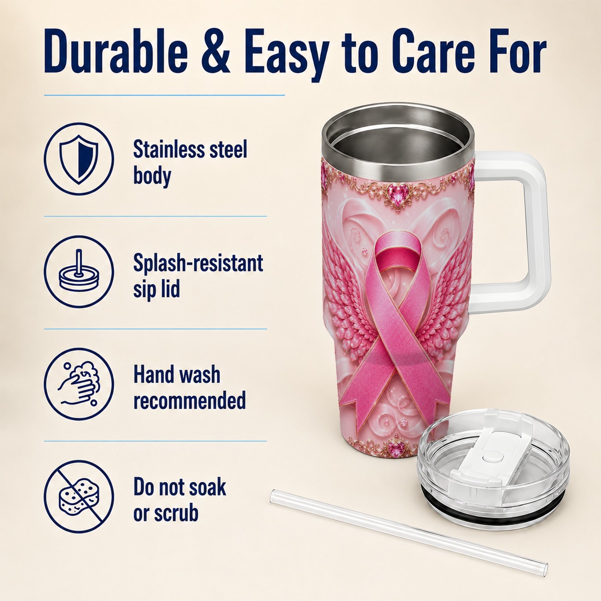 #pl[40oz|White] Pink Ribbon Angel Wings 40oz Tumbler, Stainless Steel Travel Cup