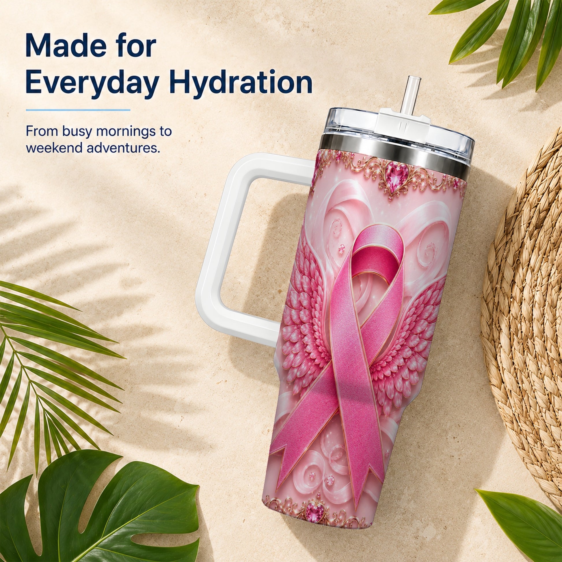 #pl[40oz|White] Pink Ribbon Angel Wings 40oz Tumbler, Stainless Steel Travel Cup