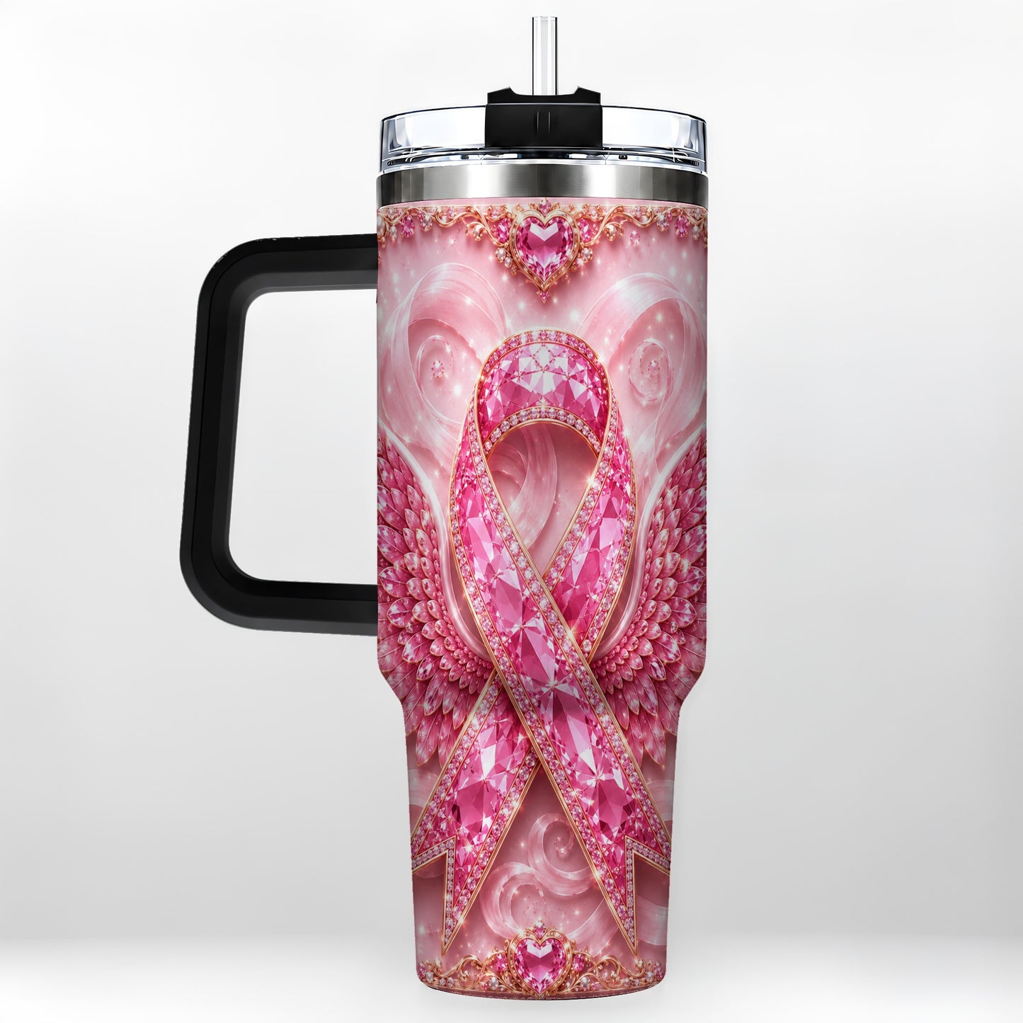 #pl[40oz|Black] Pink Ribbon Gemstone Wings 40oz Tumbler, Stainless Steel Travel Cup