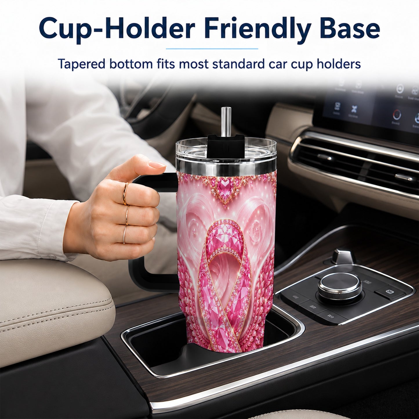 #pl[40oz|Black] Pink Ribbon Gemstone Wings 40oz Tumbler, Stainless Steel Travel Cup