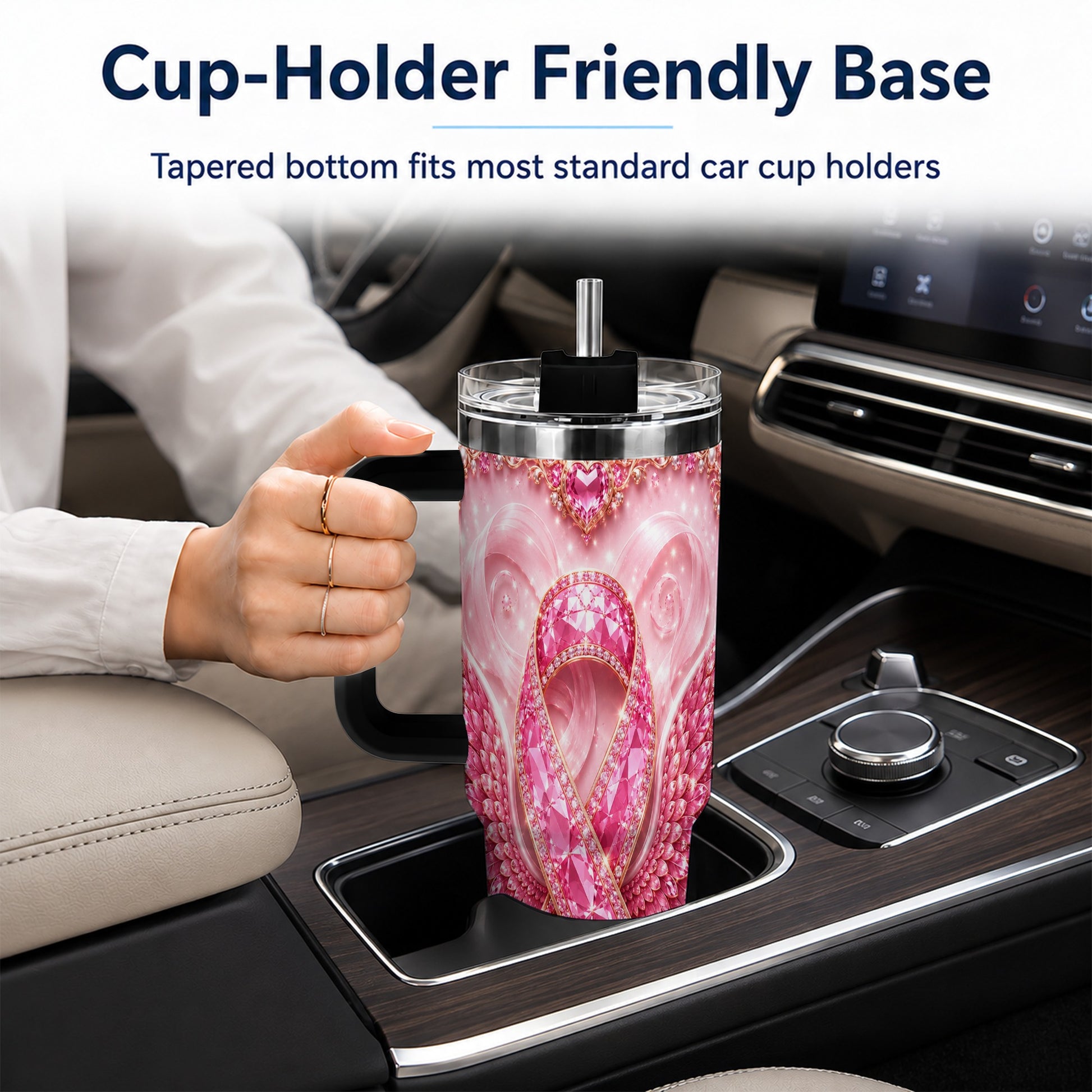 #pl[40oz|Black] Pink Ribbon Gemstone Wings 40oz Tumbler, Stainless Steel Travel Cup
