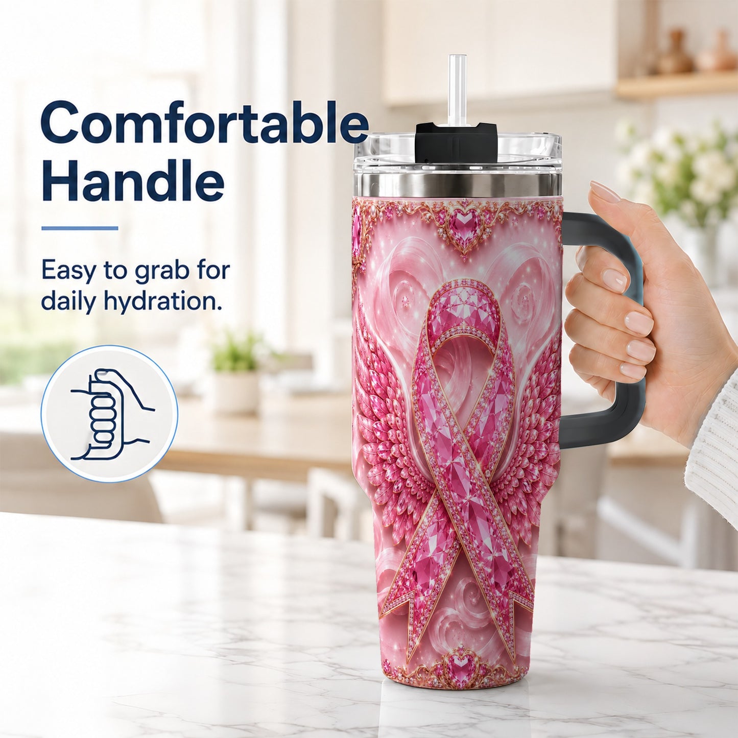 #pl[40oz|Black] Pink Ribbon Gemstone Wings 40oz Tumbler, Stainless Steel Travel Cup