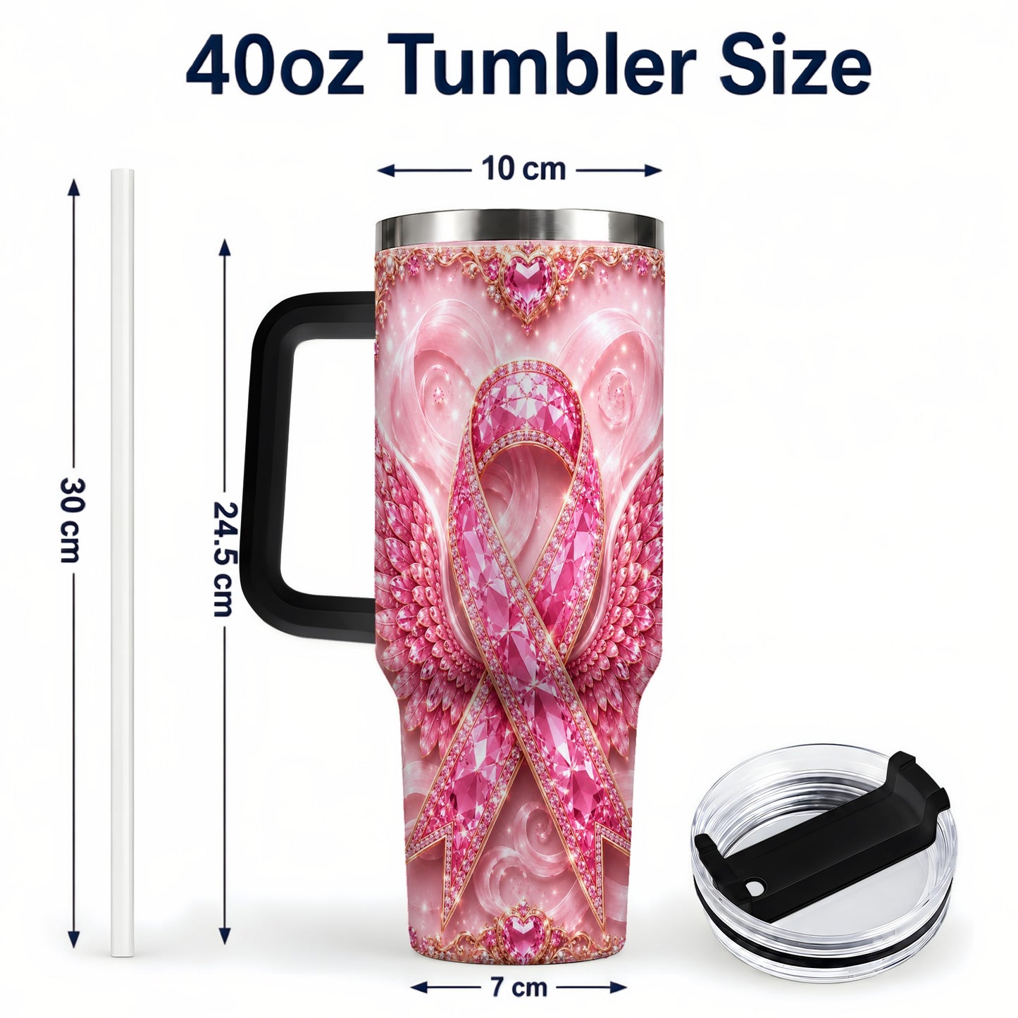 #pl[40oz|Black] Pink Ribbon Gemstone Wings 40oz Tumbler, Stainless Steel Travel Cup