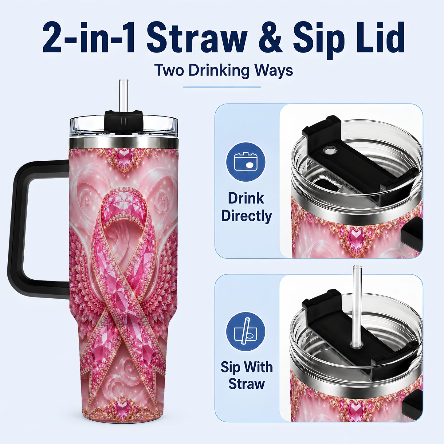 #pl[40oz|Black] Pink Ribbon Gemstone Wings 40oz Tumbler, Stainless Steel Travel Cup