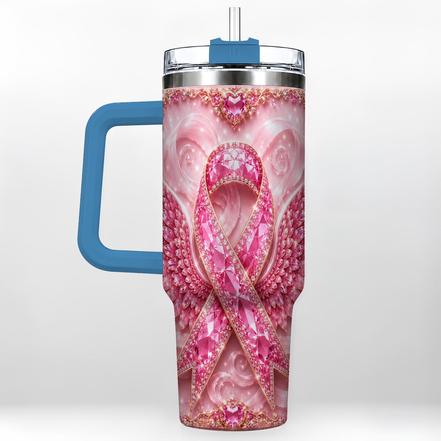 #pl[40oz|Blue] Pink Ribbon Gemstone Wings 40oz Tumbler, Stainless Steel Travel Cup