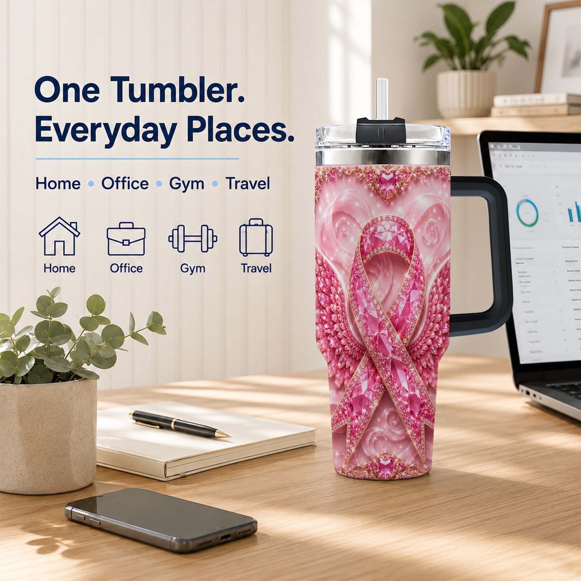 #pl[40oz|Black] Pink Ribbon Gemstone Wings 40oz Tumbler, Stainless Steel Travel Cup