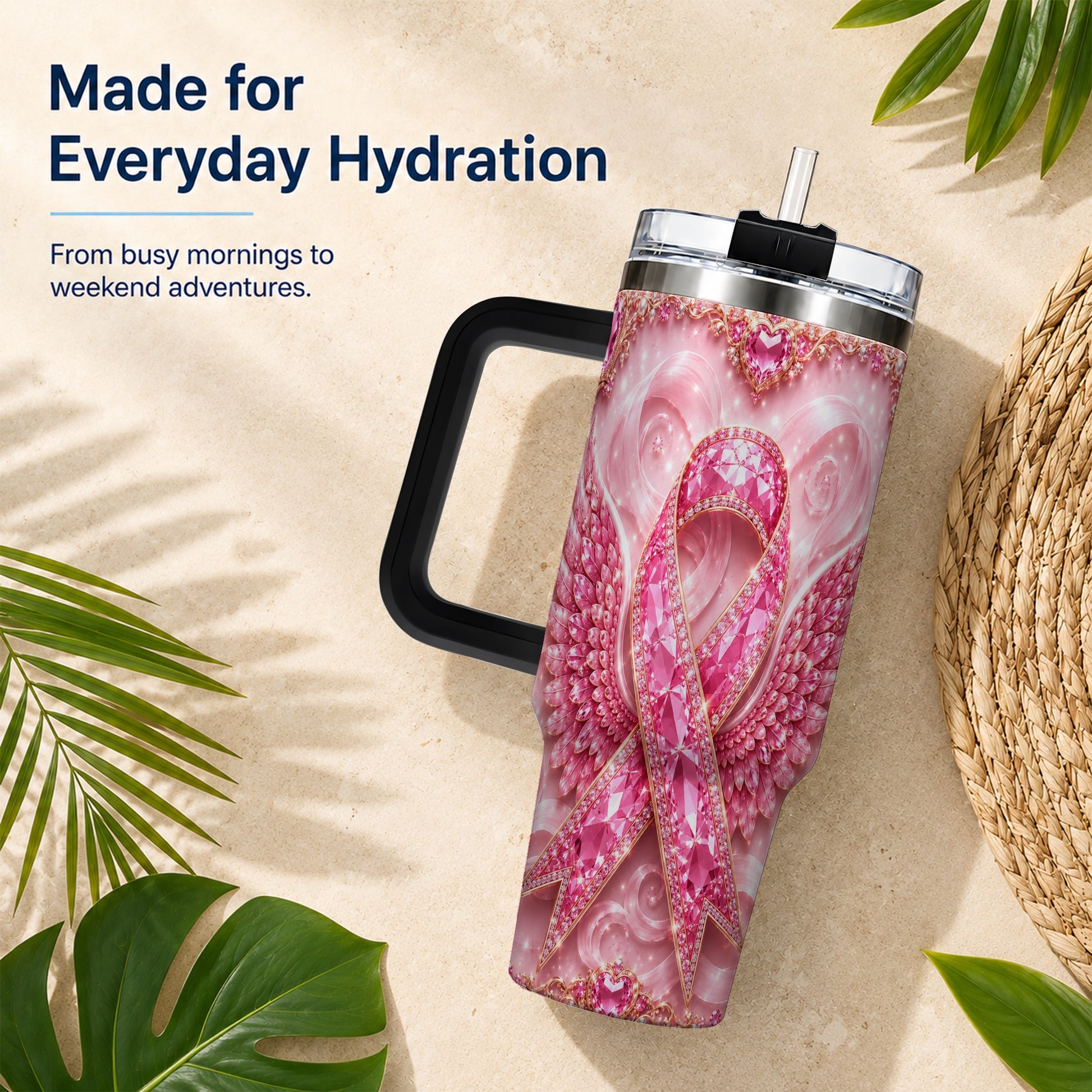 #pl[40oz|Black] Pink Ribbon Gemstone Wings 40oz Tumbler, Stainless Steel Travel Cup