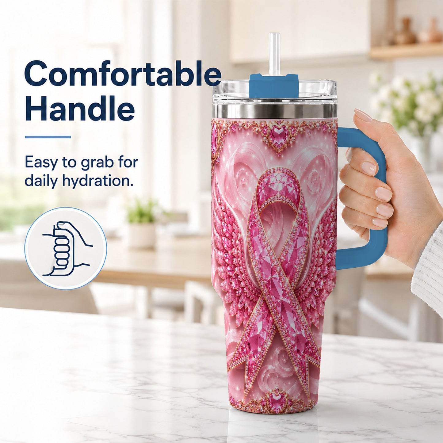 #pl[40oz|Blue] Pink Ribbon Gemstone Wings 40oz Tumbler, Stainless Steel Travel Cup