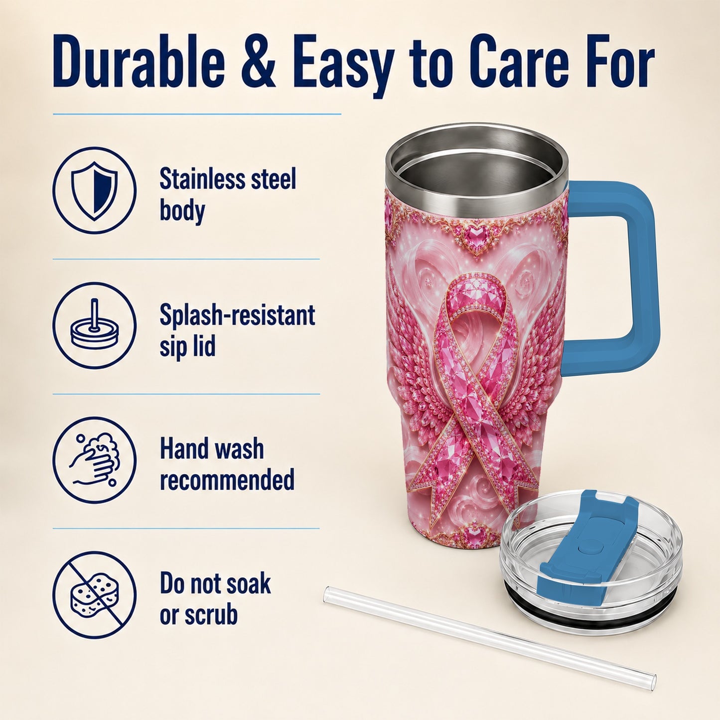 #pl[40oz|Blue] Pink Ribbon Gemstone Wings 40oz Tumbler, Stainless Steel Travel Cup