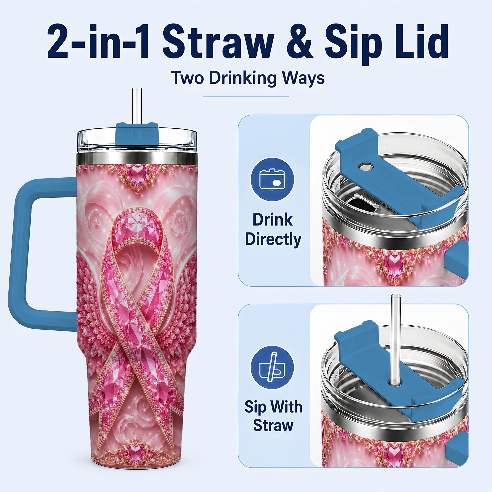 #pl[40oz|Blue] Pink Ribbon Gemstone Wings 40oz Tumbler, Stainless Steel Travel Cup