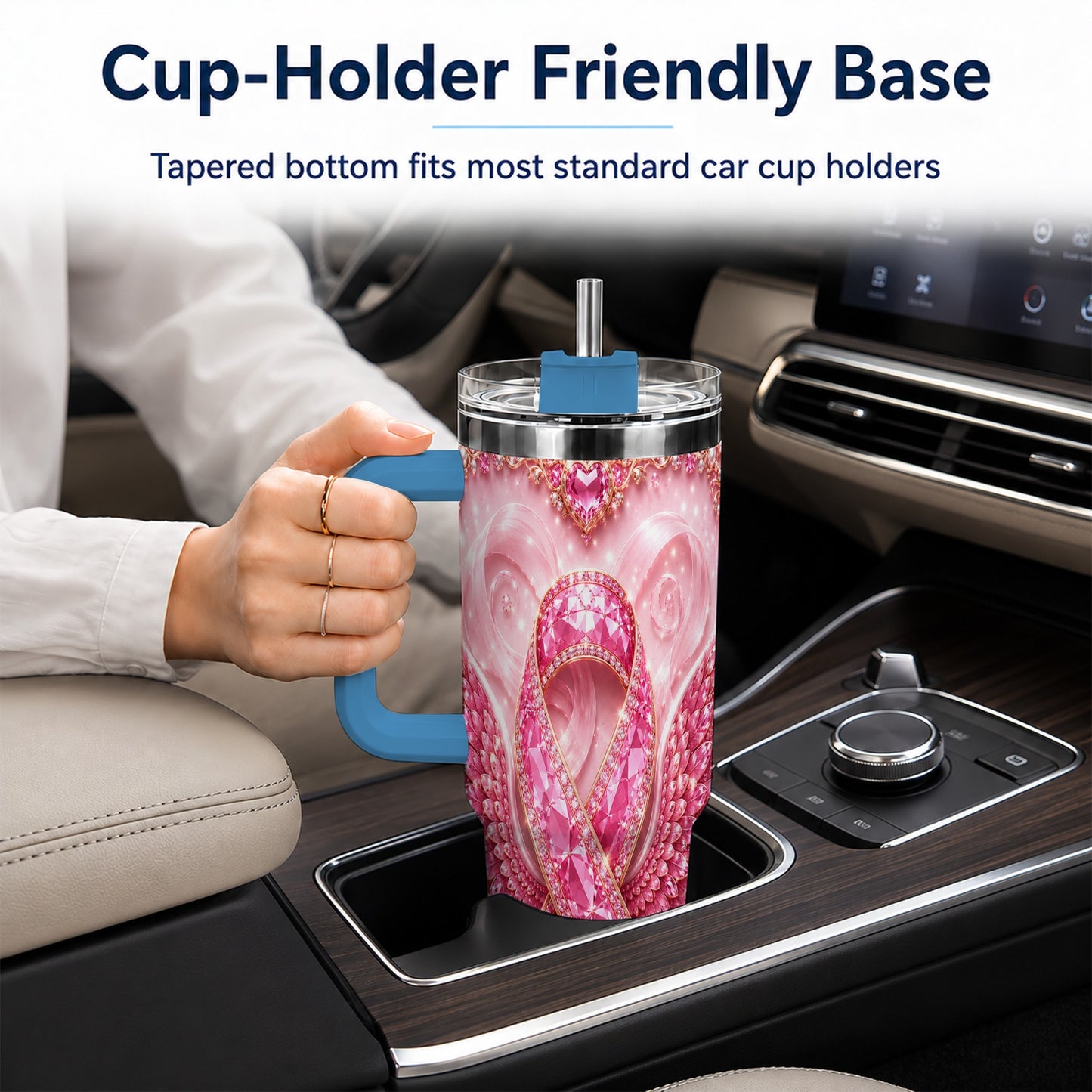 #pl[40oz|Blue] Pink Ribbon Gemstone Wings 40oz Tumbler, Stainless Steel Travel Cup