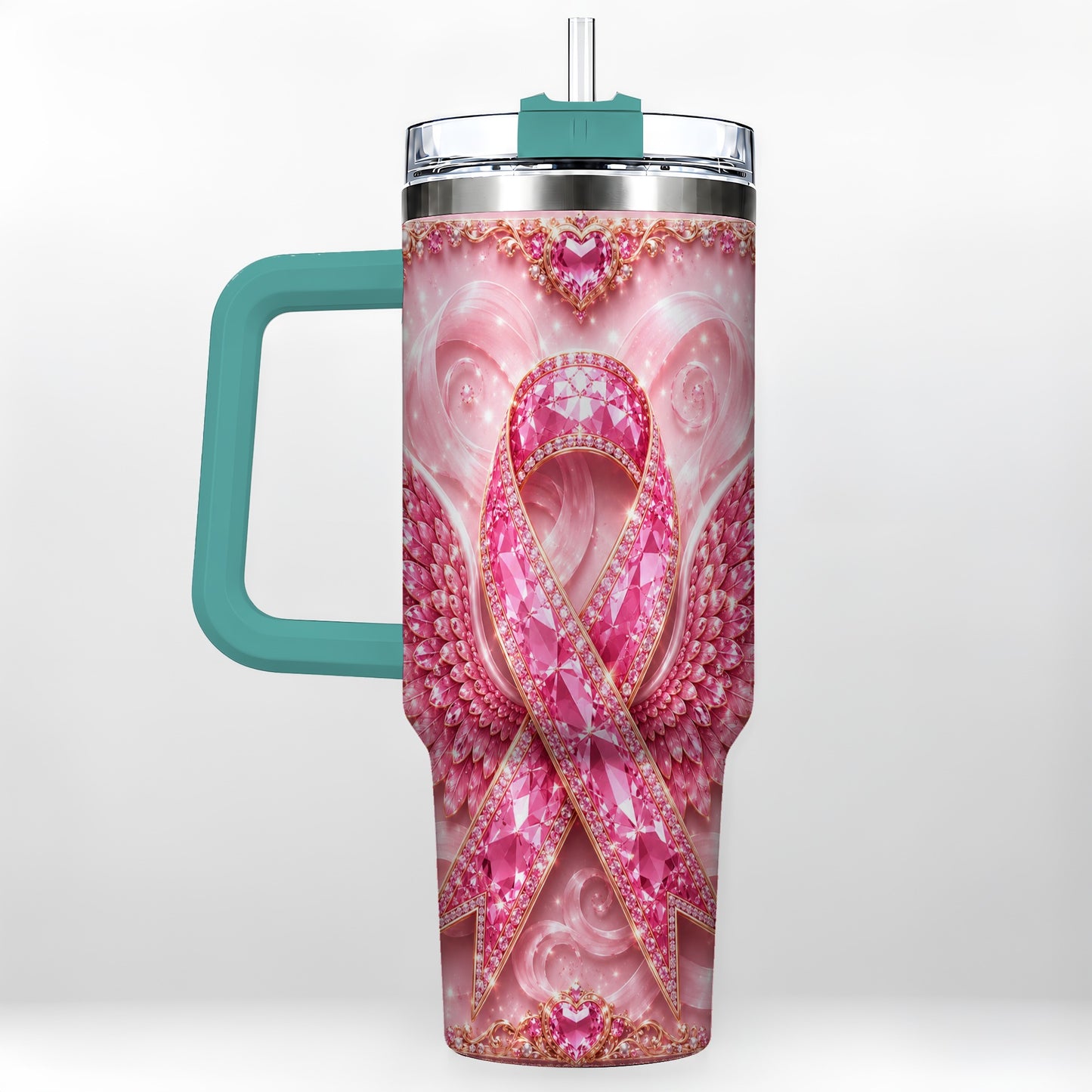 #pl[40oz|Green] Pink Ribbon Gemstone Wings 40oz Tumbler, Stainless Steel Travel Cup