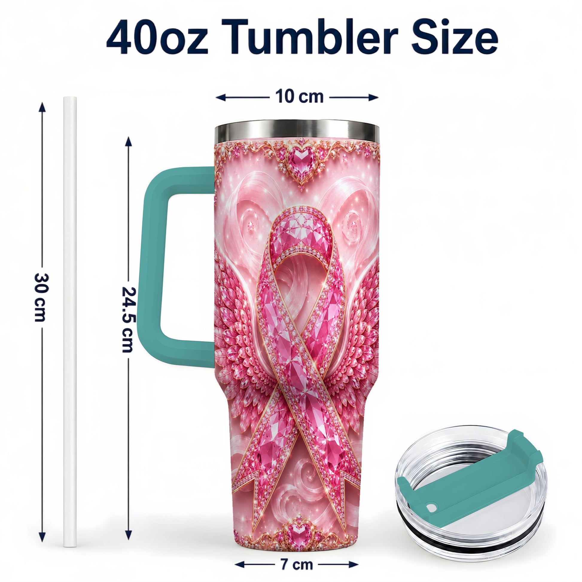 #pl[40oz|Green] Pink Ribbon Gemstone Wings 40oz Tumbler, Stainless Steel Travel Cup