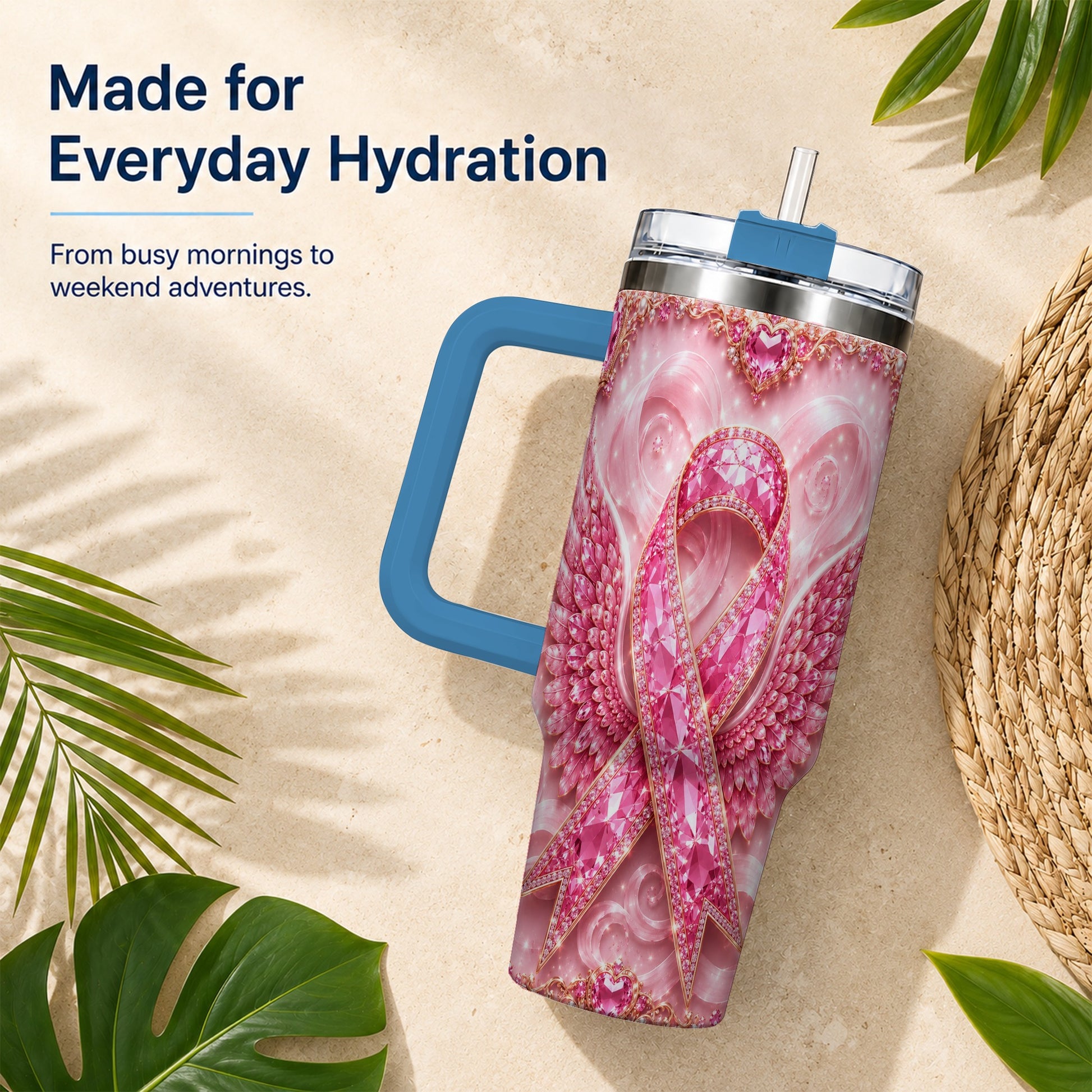 #pl[40oz|Blue] Pink Ribbon Gemstone Wings 40oz Tumbler, Stainless Steel Travel Cup