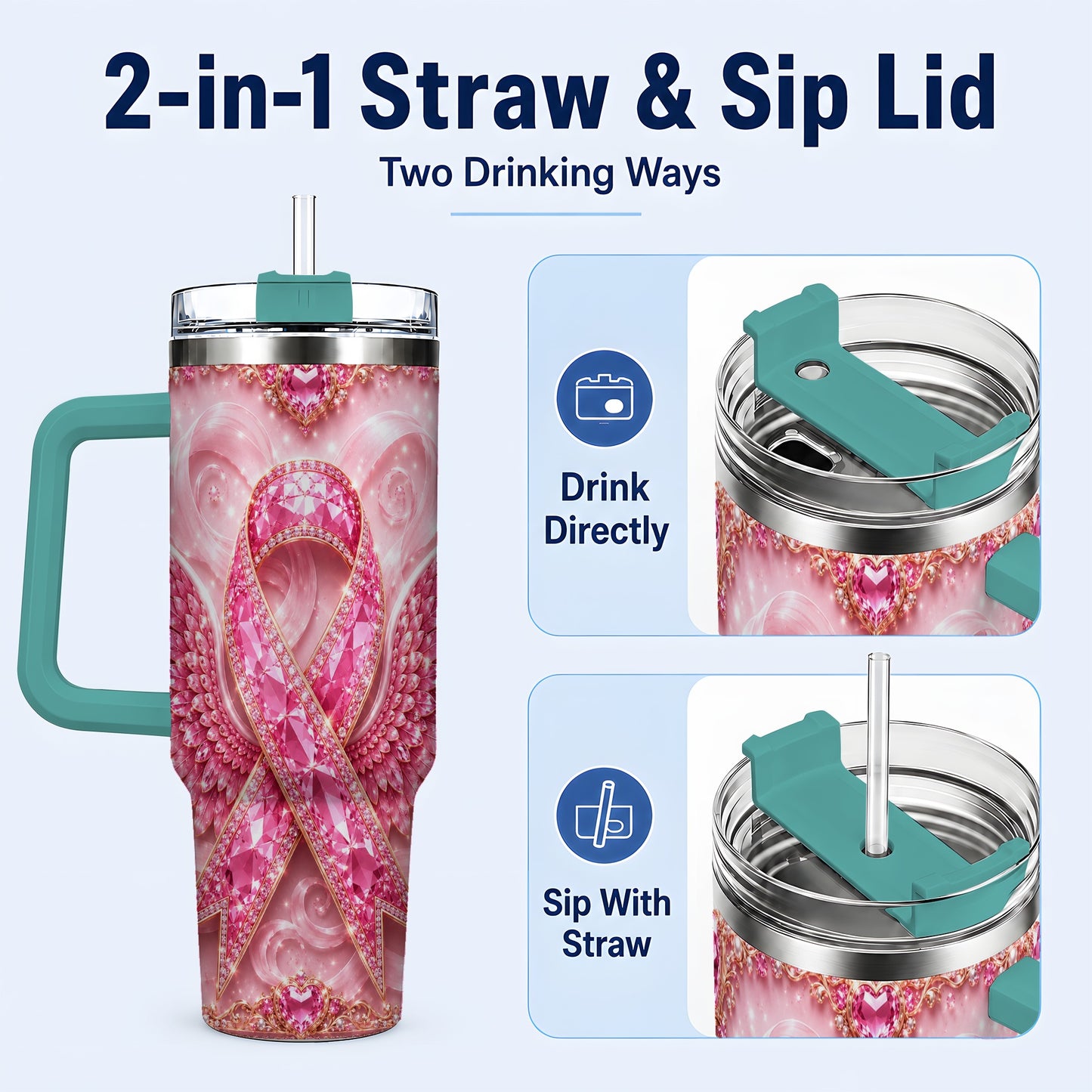 #pl[40oz|Green] Pink Ribbon Gemstone Wings 40oz Tumbler, Stainless Steel Travel Cup