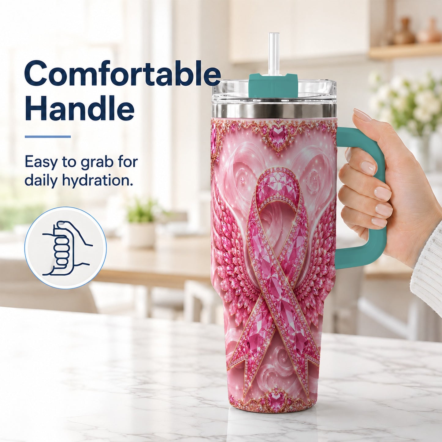 #pl[40oz|Green] Pink Ribbon Gemstone Wings 40oz Tumbler, Stainless Steel Travel Cup