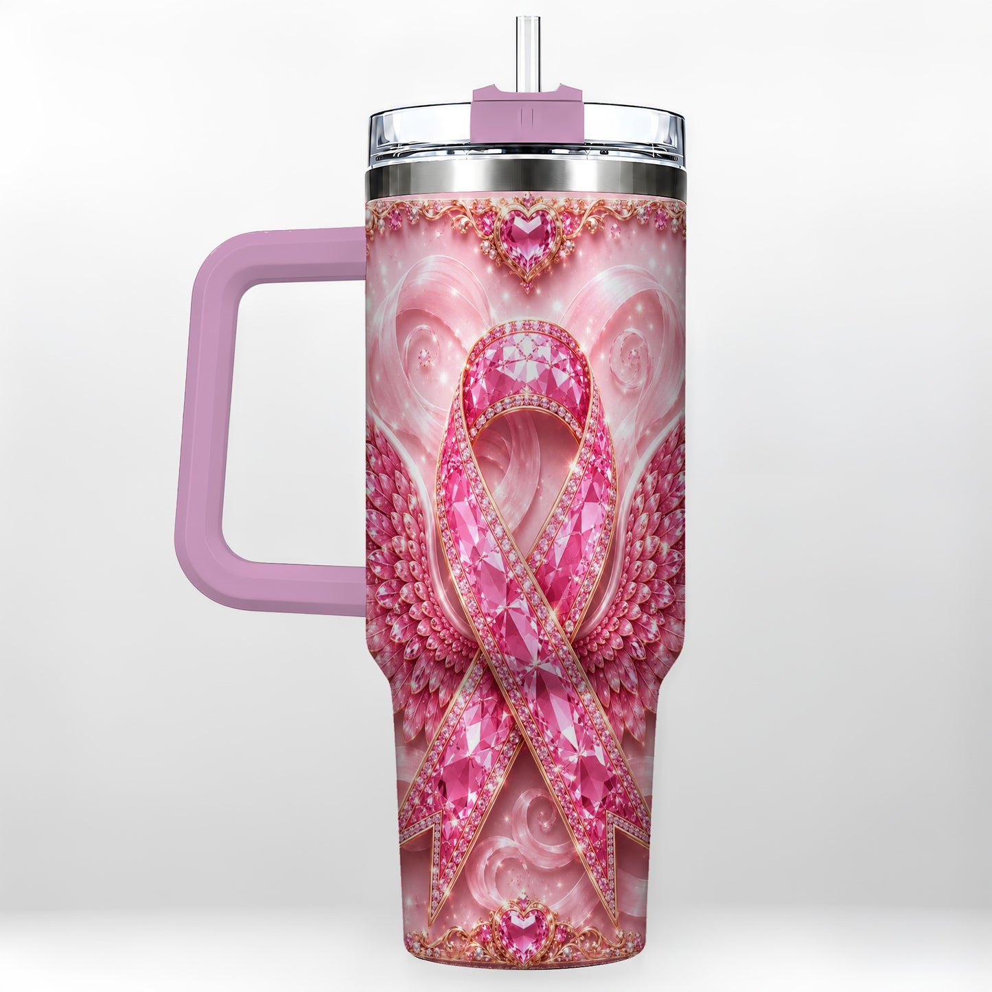 #pl[40oz|Pink] Pink Ribbon Gemstone Wings 40oz Tumbler, Stainless Steel Travel Cup