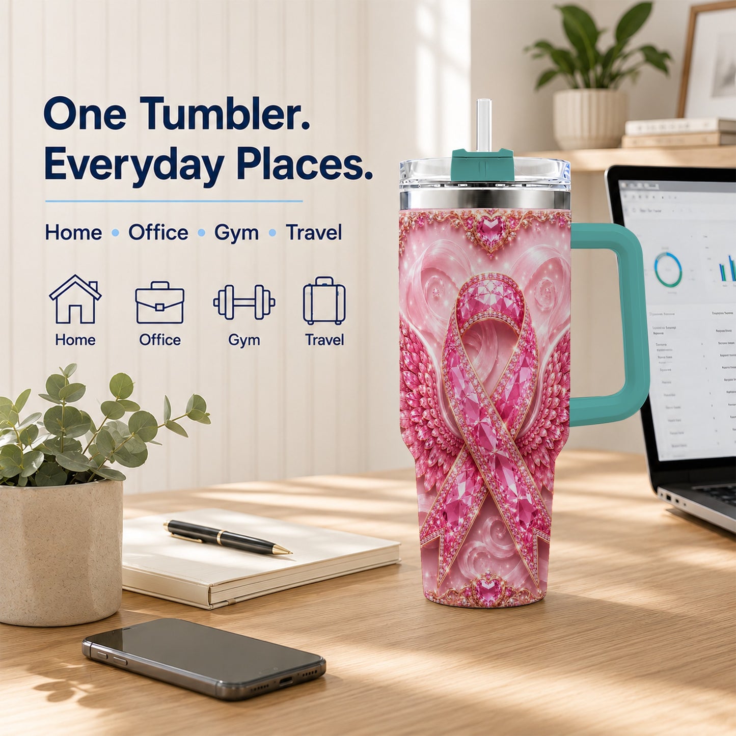 #pl[40oz|Green] Pink Ribbon Gemstone Wings 40oz Tumbler, Stainless Steel Travel Cup