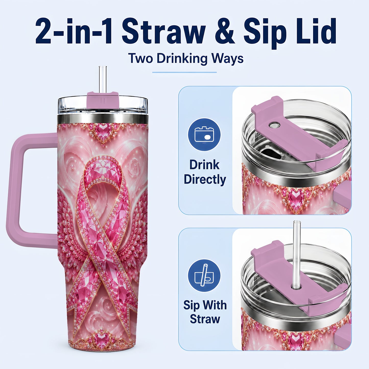 #pl[40oz|Pink] Pink Ribbon Gemstone Wings 40oz Tumbler, Stainless Steel Travel Cup
